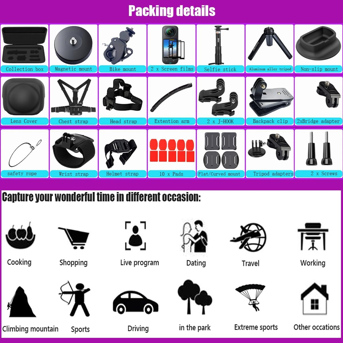 Accessories Kit for Insta360 X5 / X4 Camera Mount Bundle with Magnetic Mount Carrying Case, Selfie Stick, Tripod, Chest Strap,Bike Clamp,Screen Protector Non-Slip Mounts for Insta 360 X5 / X4 60I image number 5