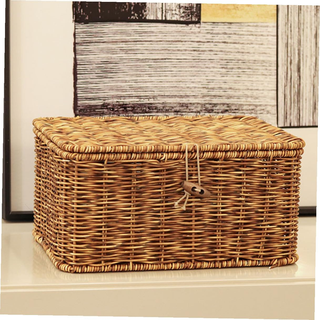 Generic Handwoven Decorative Storage Box with Lid Reinforced Iron Frame Natural Rattan Style Organizer for Desktop Cosmetics Magazines and Sundries Stylish Nordic Design for Home Tidiness image number 3