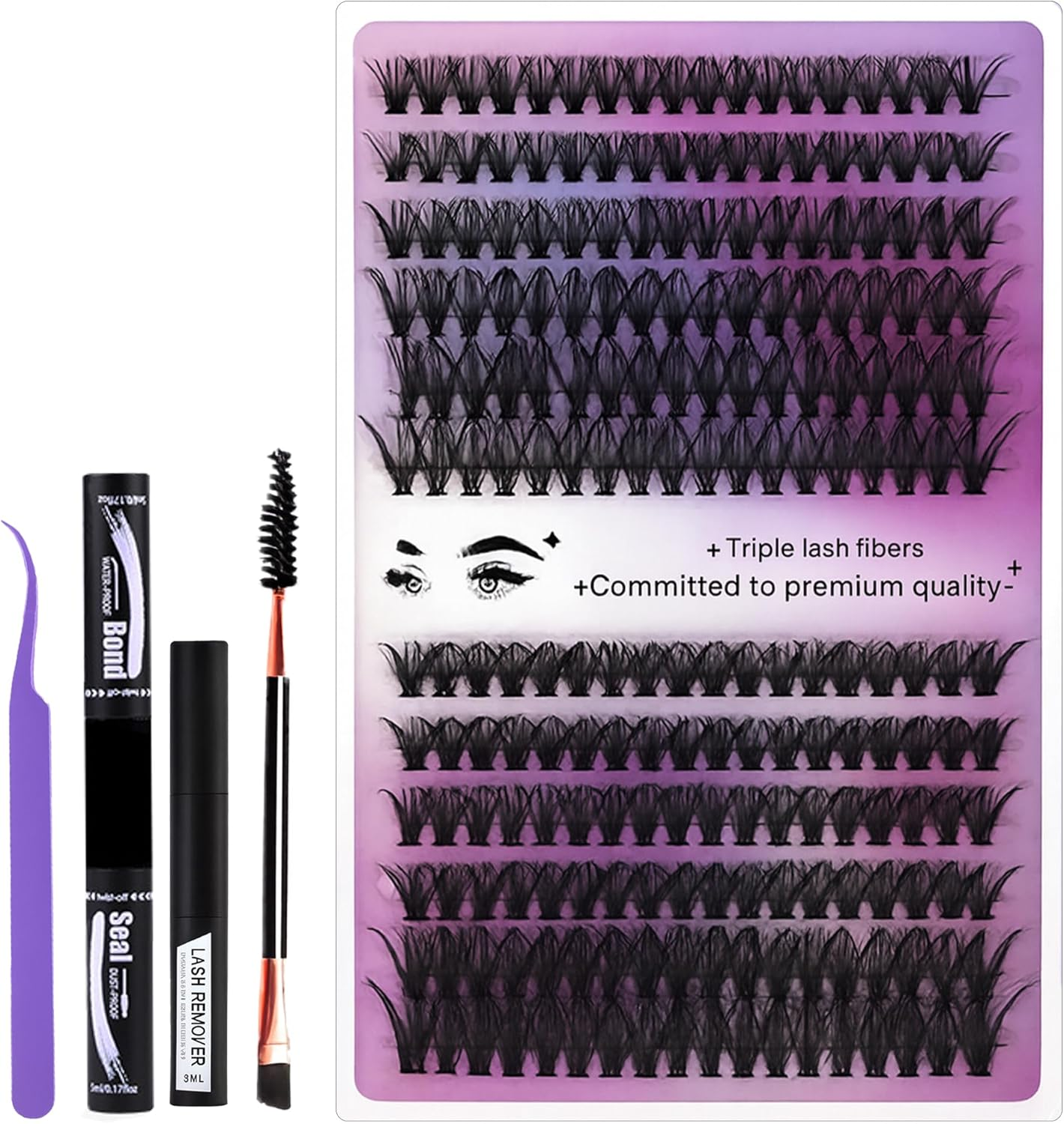 DIY Lash Extension Kit 240Pcs 30D 40D 10&ndash;14Mm, Waterproof Lash Clusters with Bond & Seal, Tweezers & Brush, Purple Packaging, At-Home Eyelash Extensions for Beginners & Professionals