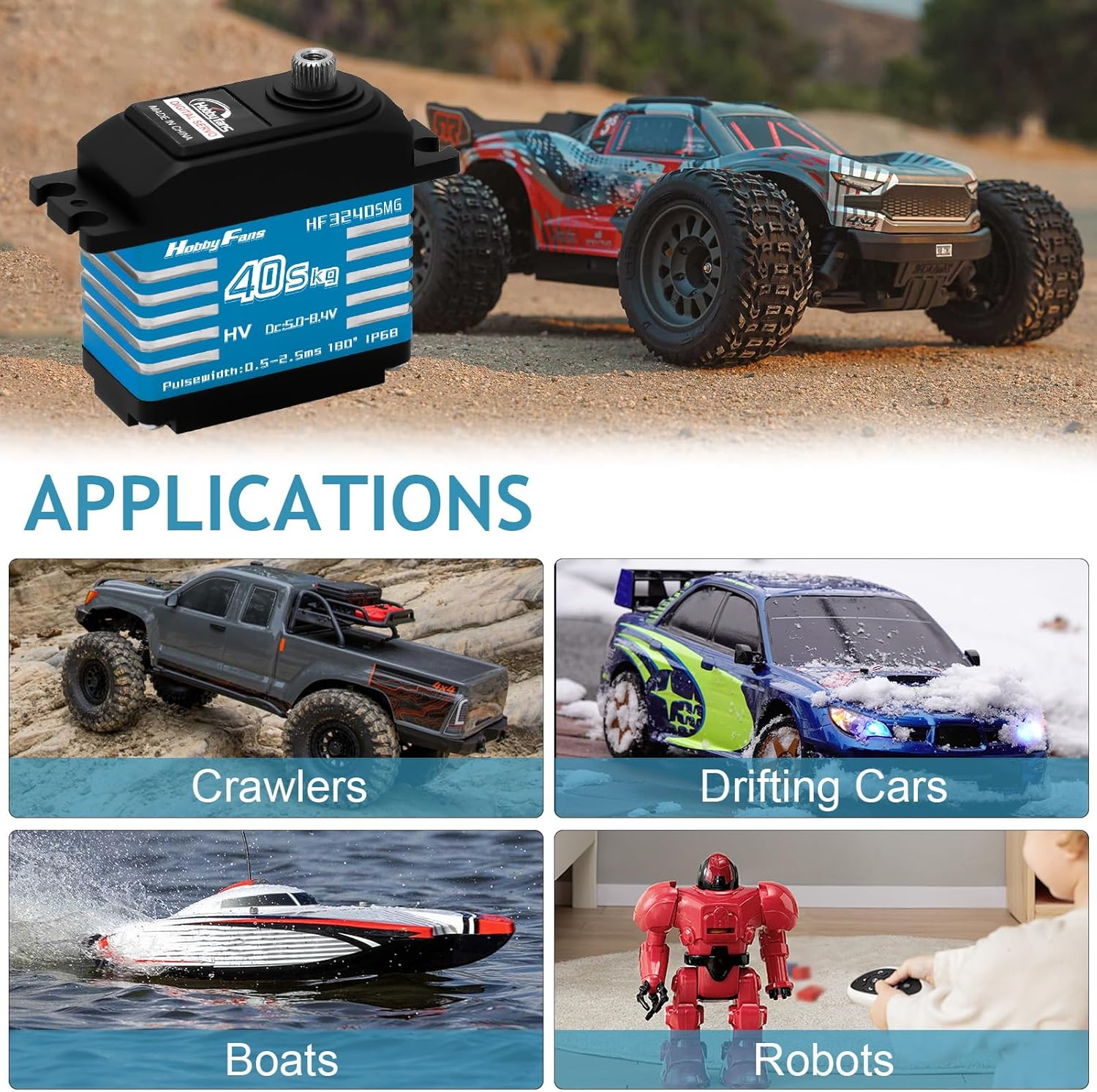 Hobby Fans RC Digital Servo, IP68 Waterproof 40KG Metal Gear Servo High Torque Servo with 25T Servo Horn for 1/12 1/10 1/8 RC Car RC Crawler Robot Boat (Blue) - Blue image number 4