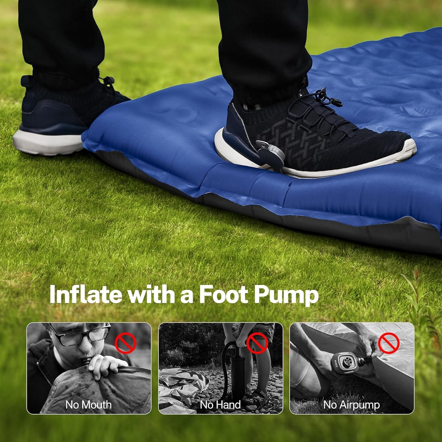 Double Sleeping Pad for Camping, 16 Cm Thick Self-Inflating Air Mattress， 2 Person with Pillow and Foot Pump Camping Sleeping Mat，Ultralight Mat for Backpacking, Hiking, Portable Camping Pad (Blue) image number 4