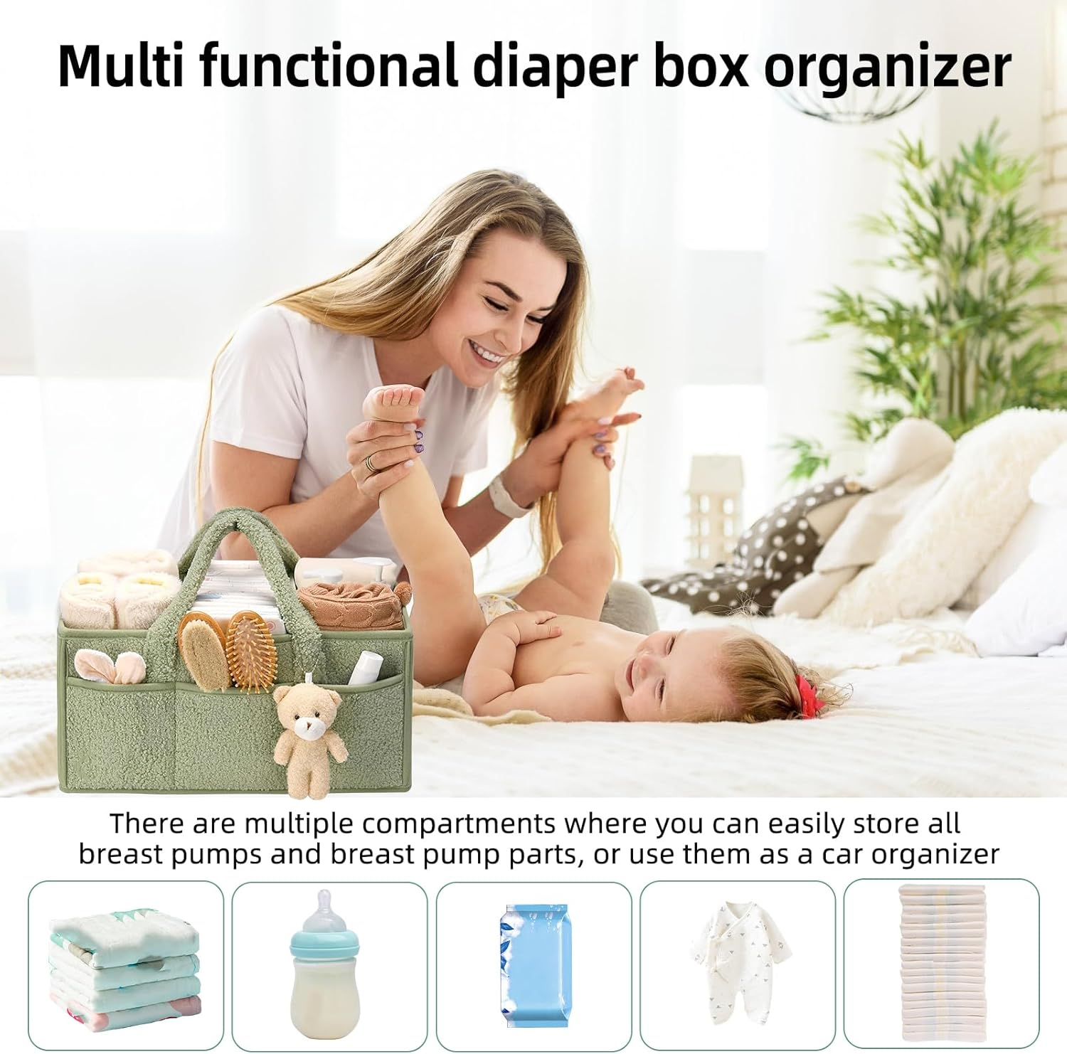 Baby Diaper Caddy Organizer, Portable Nursery Nappy Storage Basket for Diapers, Wipes and Baby Essentials (Green) - Green image number 5