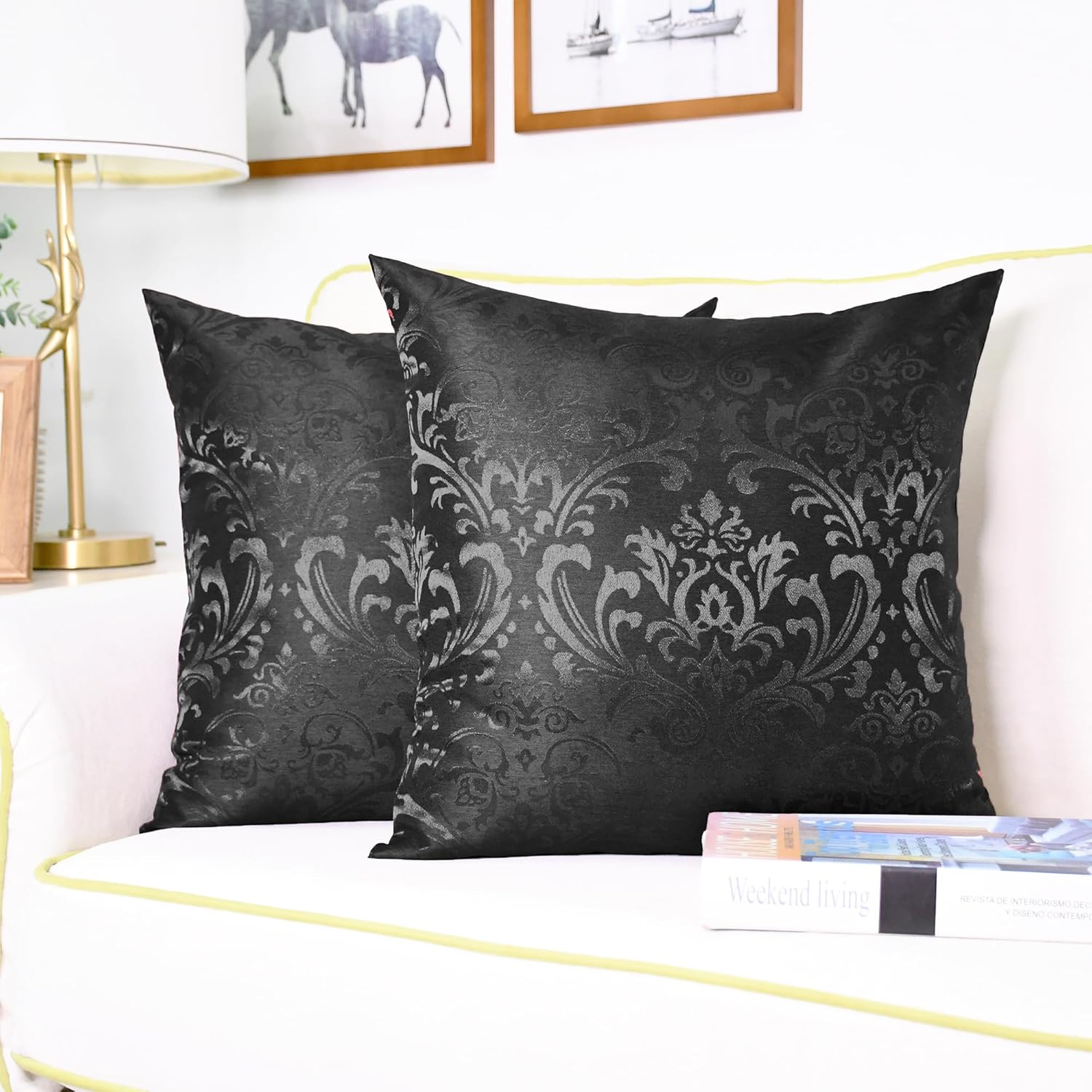 Pack of 2 Calitime Throw Pillow Covers Cases for Couch Sofa Home Decoration Vintage Damask Floral Shining & Dull Contrast 18 X 18 Inches Black image number 6