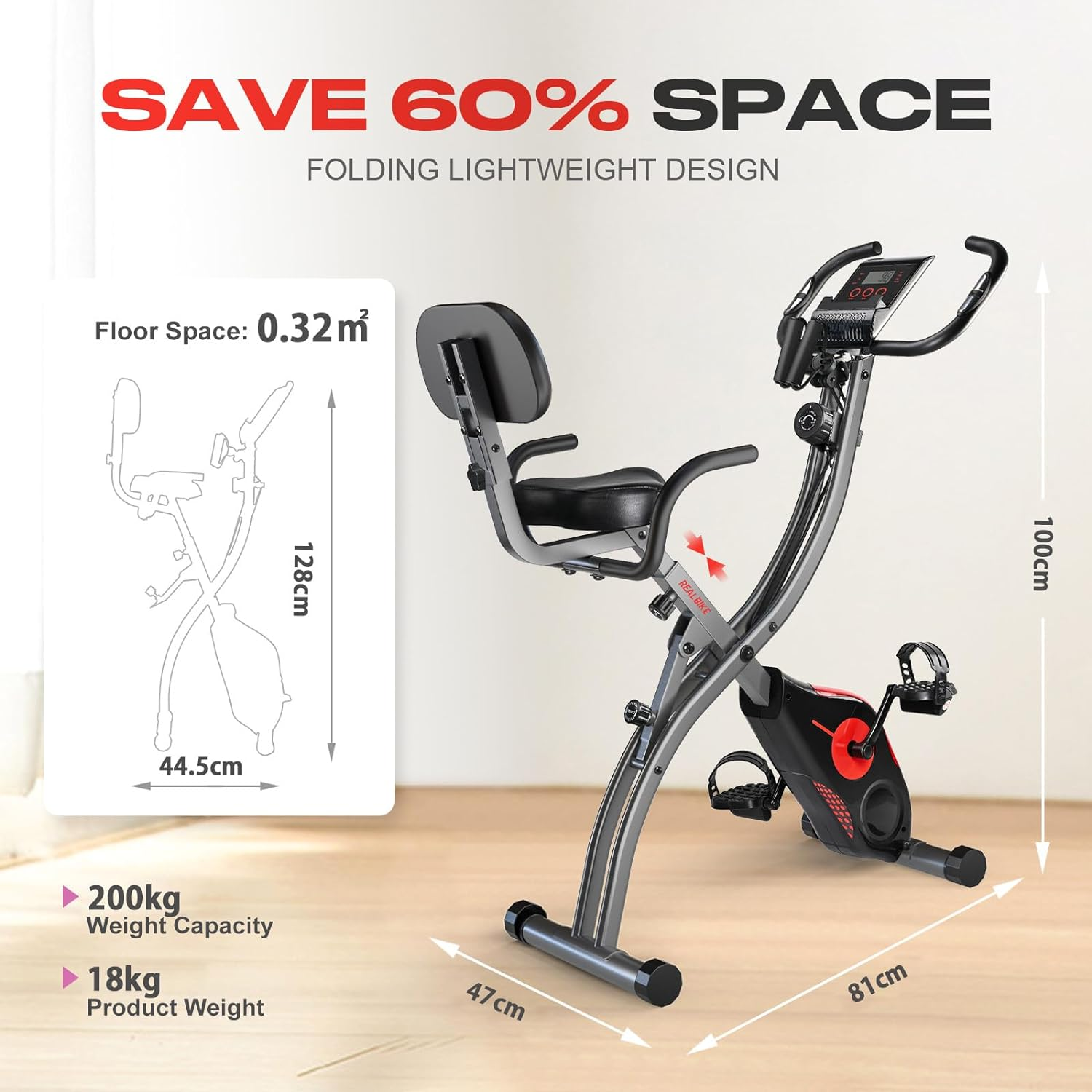 Multifunctional Magnetic Exercise Bike : Ultra-Quiet, Foldable, 8-Level Resistance [Includes Resistance Bands, Heart Rate,Lcd Monitor, Ipad Mount] Good for Home Cardio Training (Red&Black) image number 6