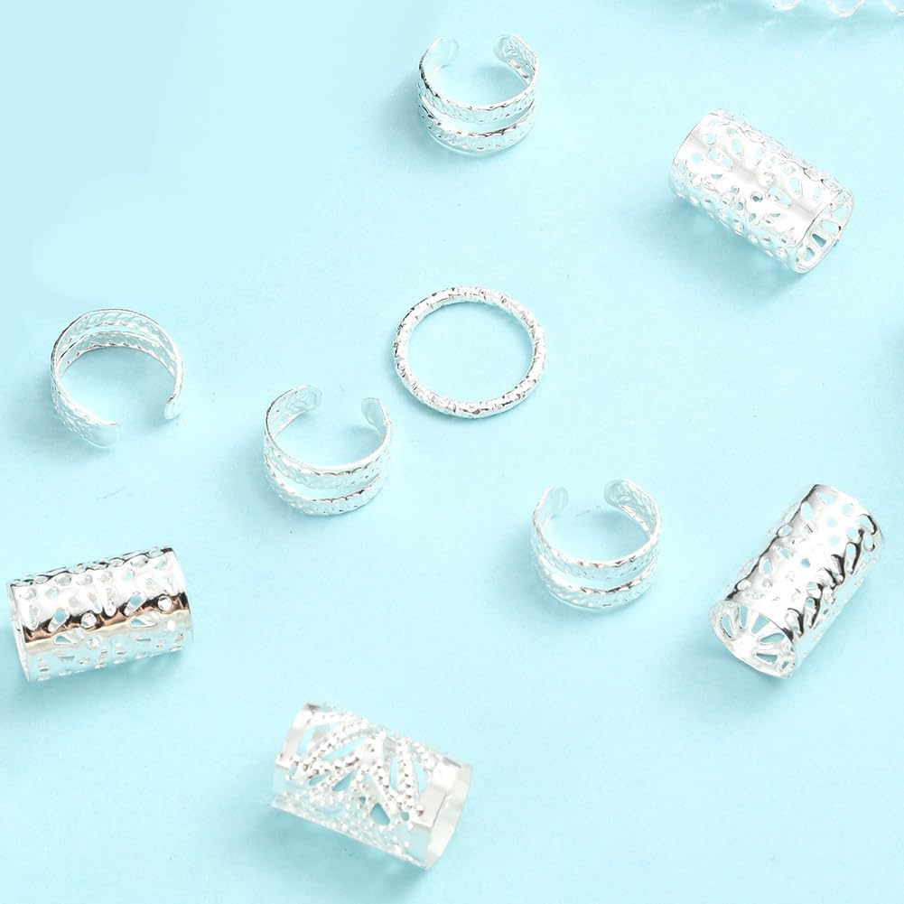 SUNNYCLUE Pack of 200 5 Styles Dreadlocks Beads Metal Cuffs Hair Braid Beads Silver Dreadlocks Braid Ring Coil Clips Adjustable Non-Penetrating Ear Cuffs round Tube Jewellery for Hair Braids Z image number 6