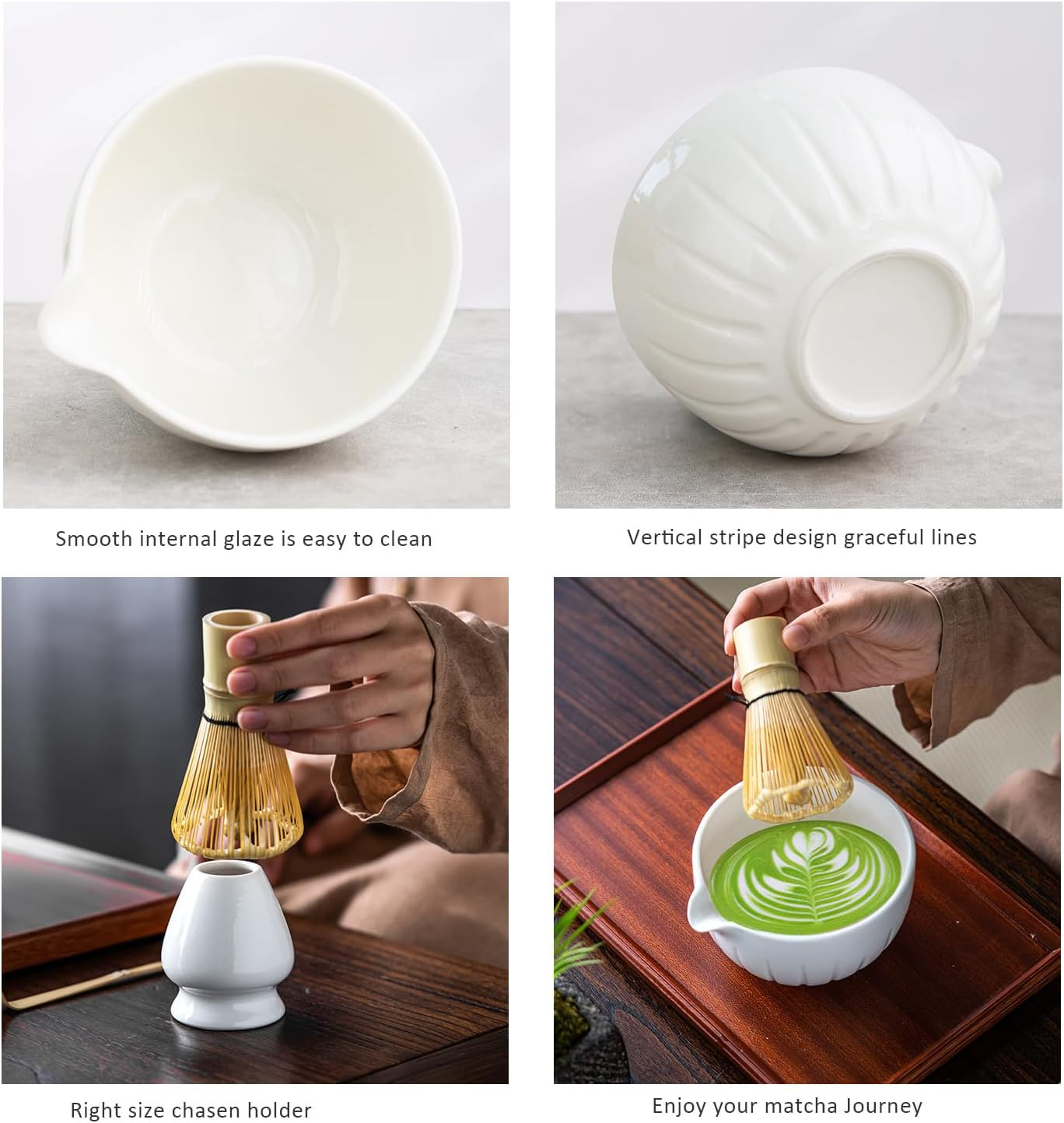 TANG PIN Matcha Set - Match Bowl and Whisk | Matcha Scoop Matcha Stand (Chasen Holder) 4Pc Perfect Matcha Kit for Matcha Tea Ceremony (White) 5.4*4.7*3.0 - Mottled Green image number 5