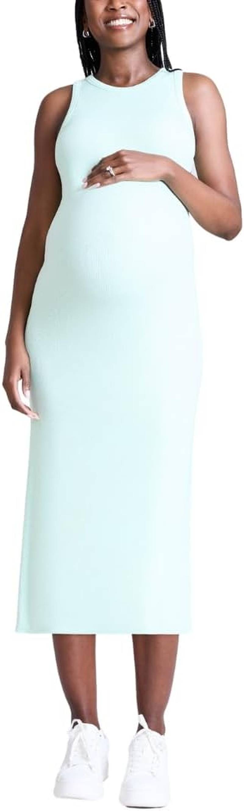 Motherhood Maternity Women'S Sleeveless Racerback Rib Knit Midi Pregnancy Bodycon Dress