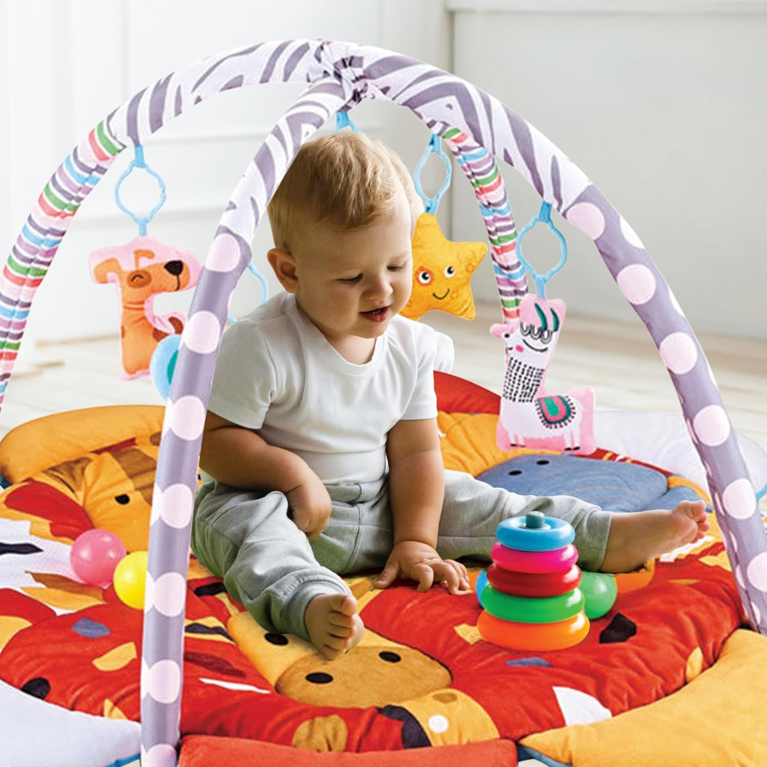 Baby(Giraffe) Play Mat with 20 Ocean Balls Soft Padded Activity Gym for Tummy Time| Colorful Animal Theme &ndash; for Infants and Toddlers image number 6