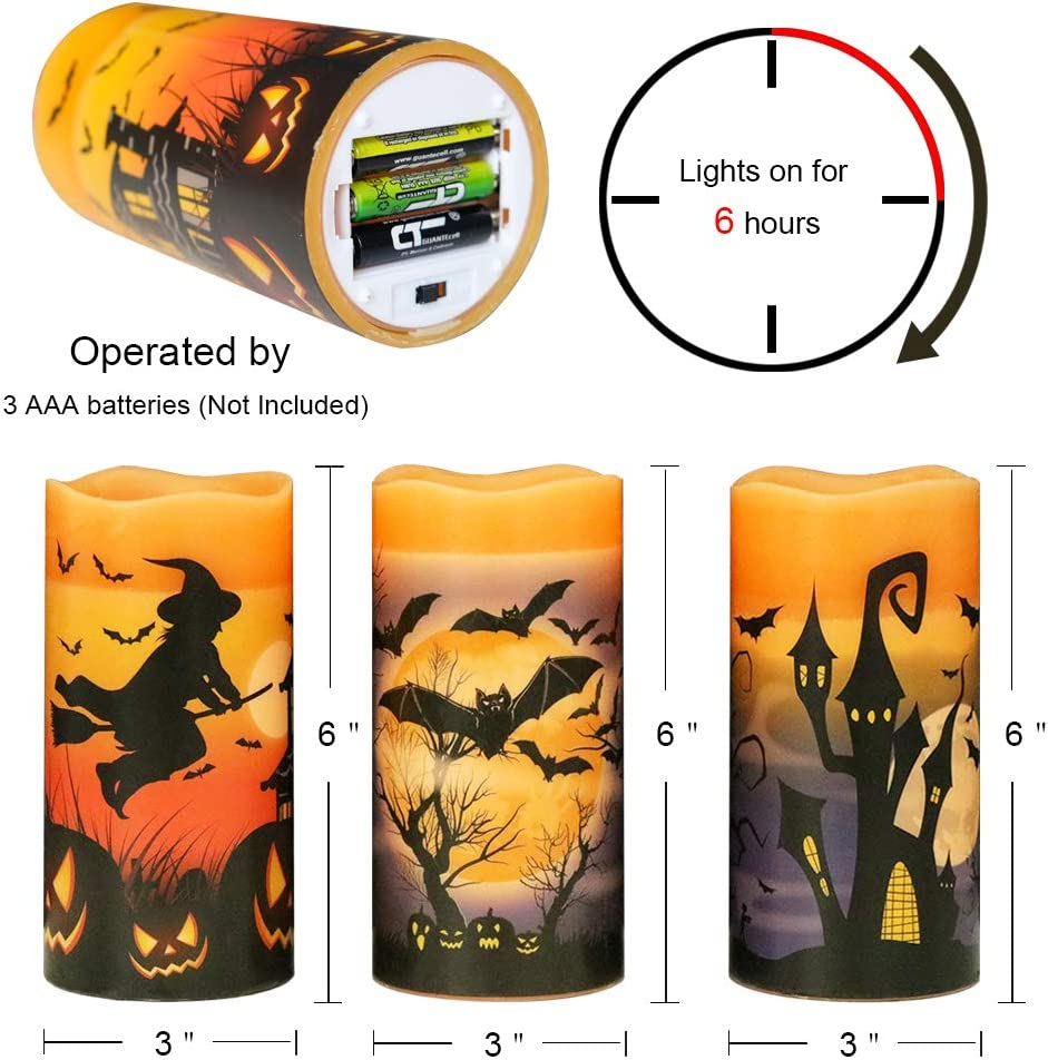 Eldnacele Halloween Flameless Flickering LED Candles with 6-Hour Timer, Battery Operated Wax Candles Assorted Decals Witch, Pumpkin, Bats, Castle Set of 3 for Decoration image number 6