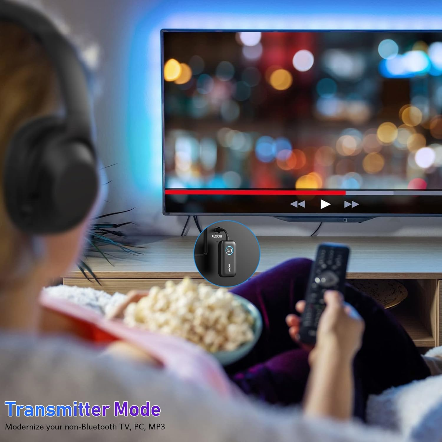 YMOO Bluetooth 5.3 Transmitter Receiver for TV to 2 Wireless Headphones, Aptx Low Latency Wireless Audio Adapter with AUX 3.5Mm Jack for Airplane,Smartphone, Tablet, Speaker, Home Stereo, PC, Car image number 3