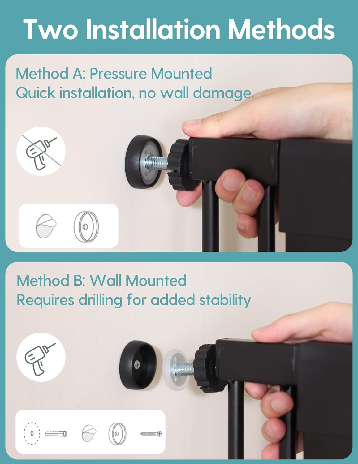 No Pawblems 140 CM Extra Tall Pet Gate, 76-112.7 CM Wide Dog Gates for Doorways & Stairs, Metal Auto Close Cat Gate, Pressure Mounted Dog Gate, NO Tools Needed NO Drilling, Black image number 2