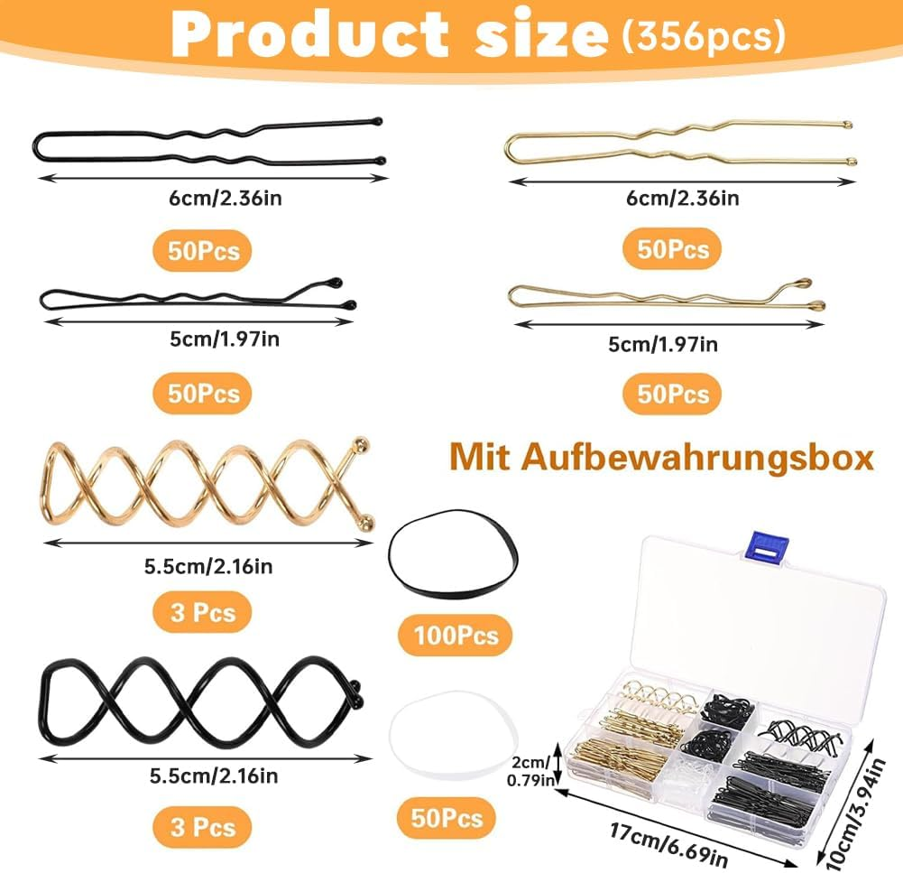 Bobby Pins, 356 Piece Hair Pins Set, Spiral Hair Clips Set, U-Shaped Wave Shape Hair Clips with Storage Box for Girls, Children, Hair Styler, Women image number 4