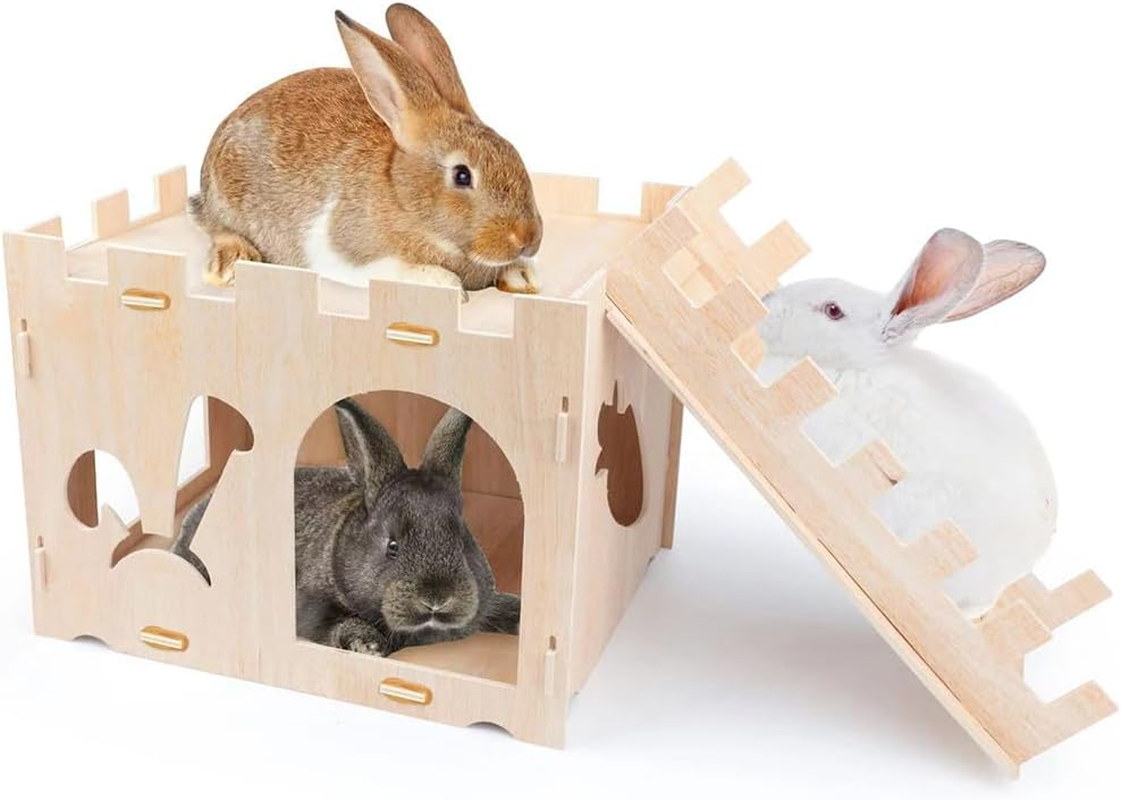 Natural Wooden Rabbit Hutch House with Ladder - Durable & Safe Mini Pet Shelter for Rabbits, Hamsters, Guinea Pigs - 13.7"X16.5"X13.3" - Minimalist Design image number 2