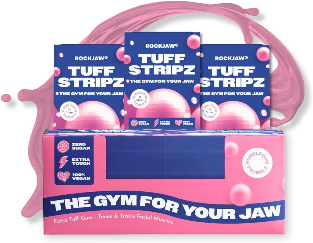 ROCKJAW&reg; Tuff Stripz | Semi-Tough Chewing Gum | Sugar-Free Jaw Exerciser for Beginners | Bubblegum Trubble | 10 Packs, 120 Stripz | 2 Month Supply image number 1