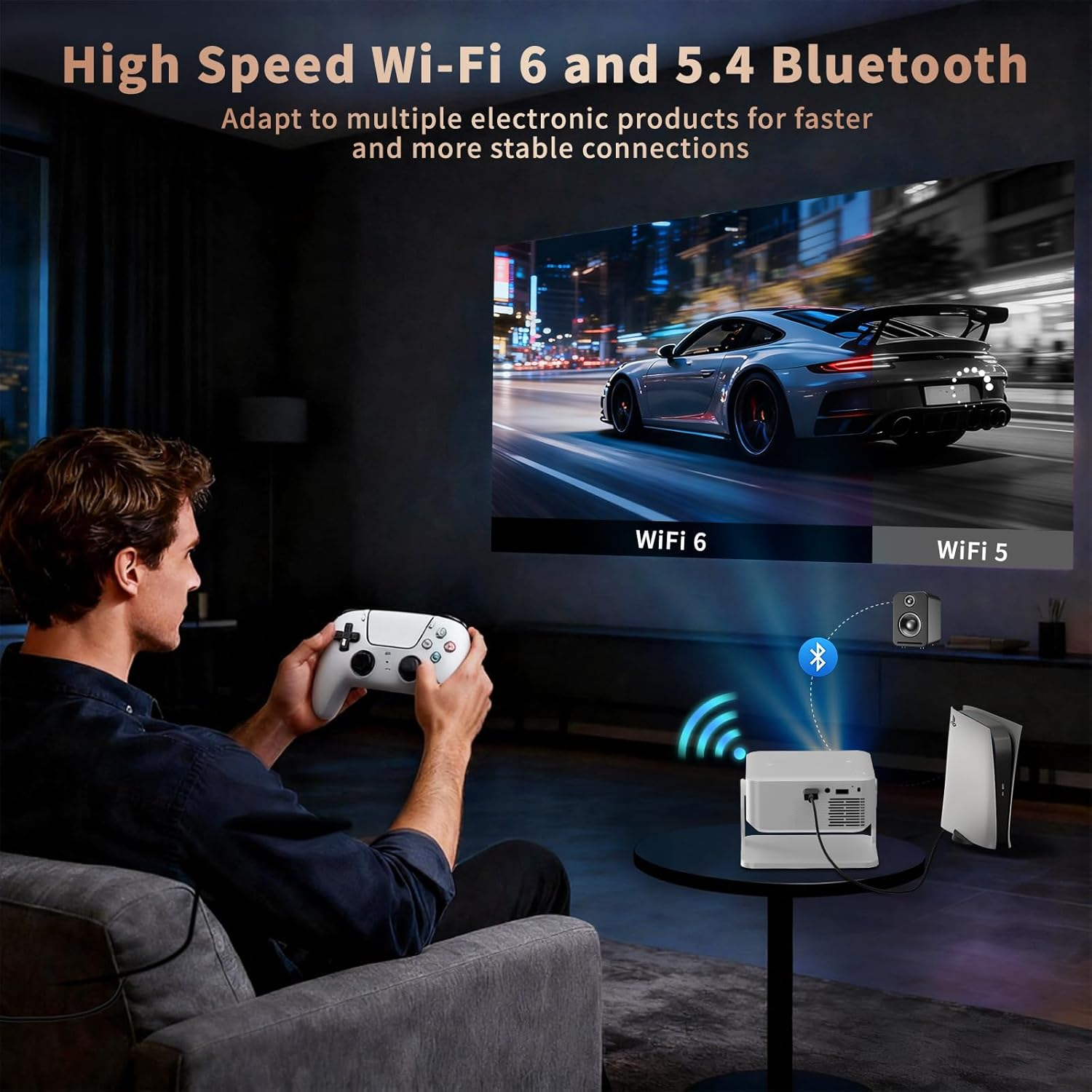 Laimio 1080P & 4K Supported Projector with Projector Screen, Auto Keystone Correction & 360&deg; Rotation, Wifi6 & BT5.4 Portable Mini Projector for Home Cinema, Outdoor Movie and Room Entertainment-White - Black image number 5