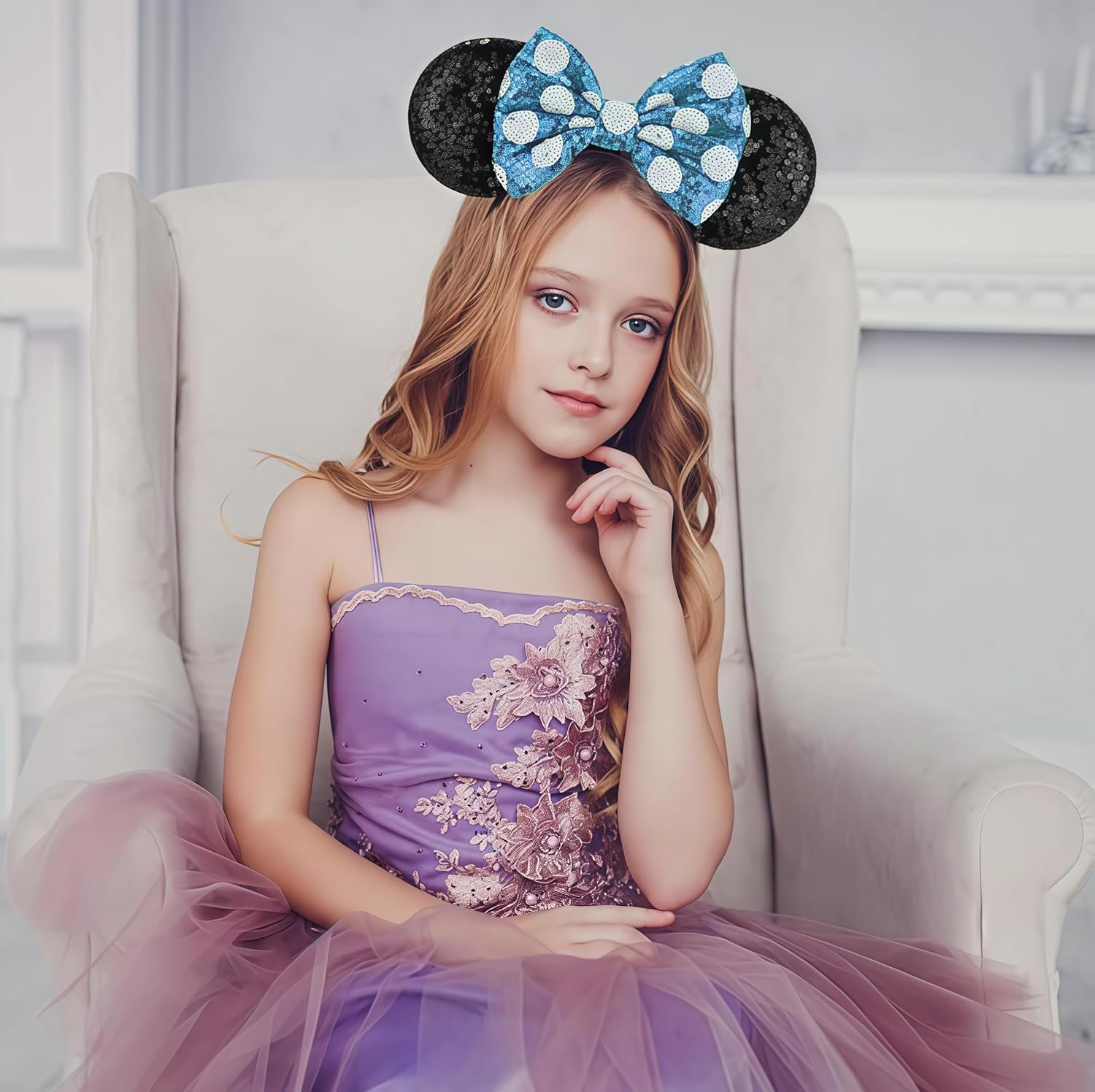 Mouse Ears Headband, Shiny Sequin Bow Headband Stitch Ears Glitter Headband Sparkly Cosplay Party Headband for Kids Girls Women Birthday Halloween Party Decoration Gifts Accessories Y4LPLSFG (Blue) image number 6