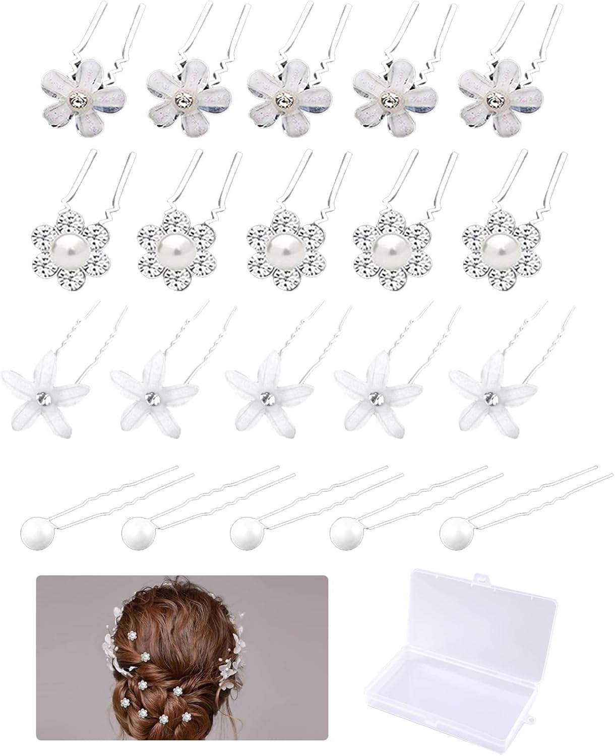 Pack of 20 Hair Pins with Pearls, 4 Sizes, U-Shaped Hair Accessories, Bridal Wedding Hair Pins, Crystal Flower Hair Pin, Flowers, Pearls, Bridal Rhinestone Hair Pin for Women and Girls, Wedding, Prom image number 2
