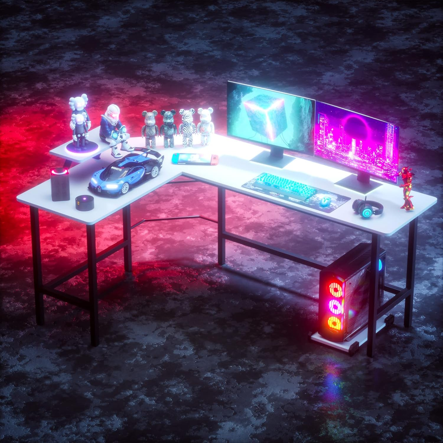 ADVWIN L Shaped Gaming Computer Desk 168Cm Wood Corner Desk with Tower Stand for Study Room Gaming Room Home Office Workstation White - Black, 130Cm image number 6