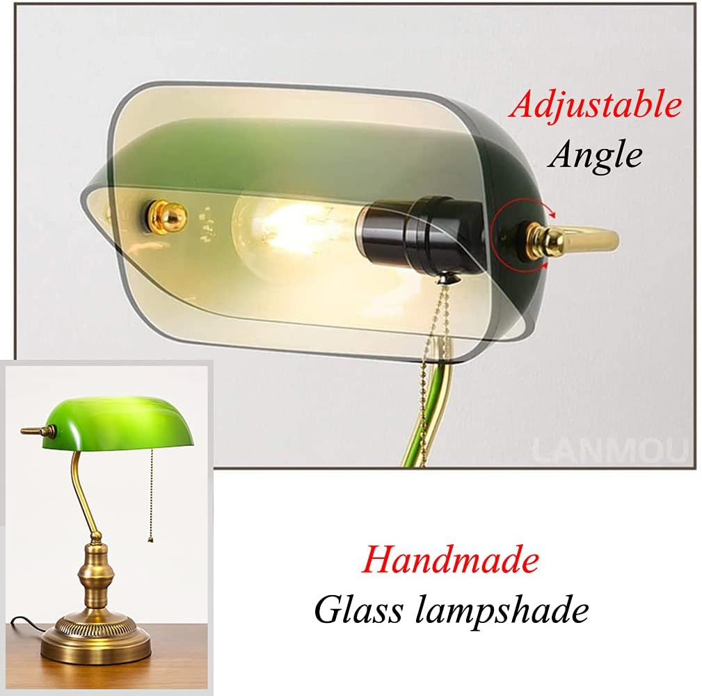 OIJVRHN Desk Lamp Retro Green Glass Shade Polished Brass Metal Base E27 Bankers Table Lamp with Pull Line Switch image number 6