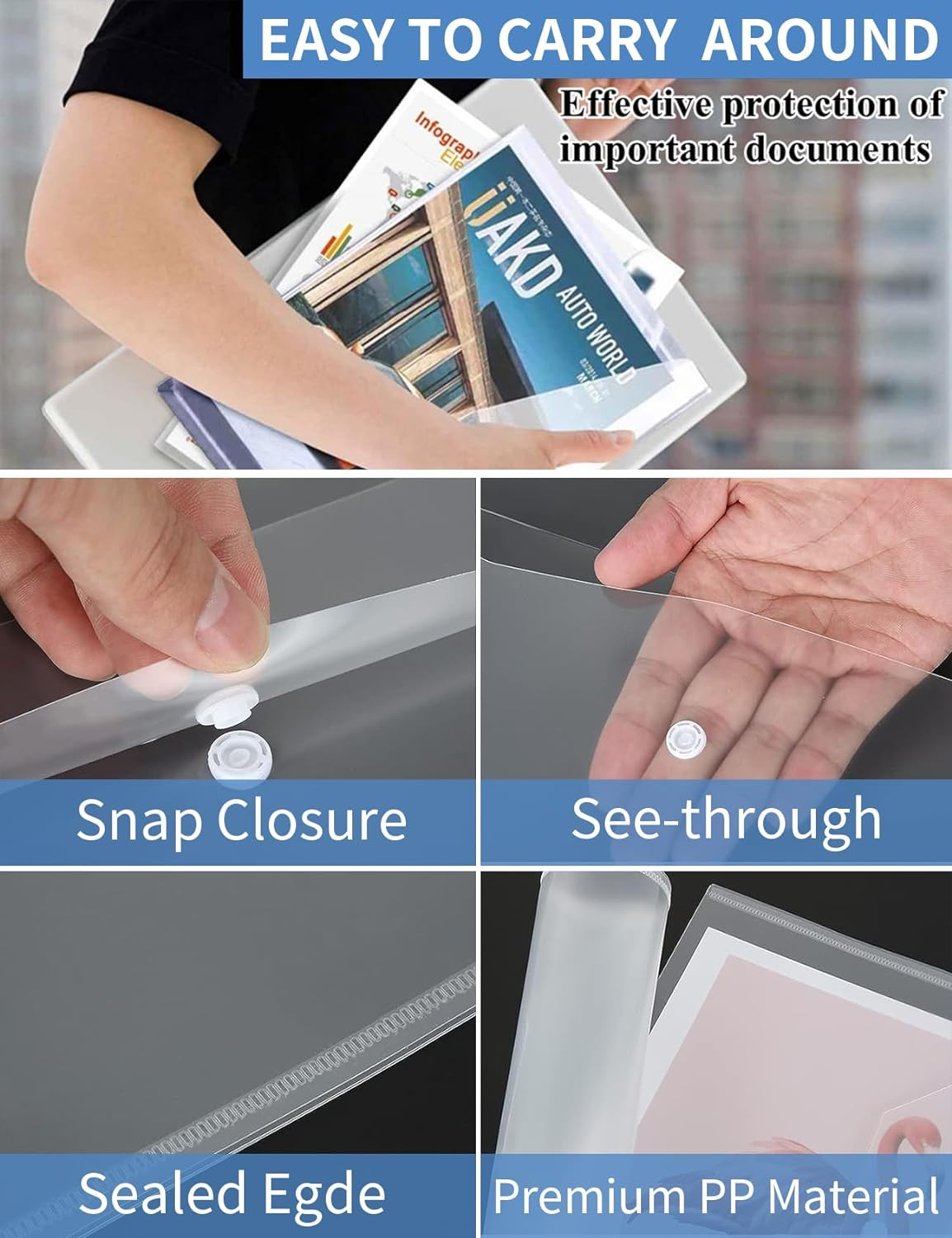 40 Pcs A4 Document Envelope Folders, Clear Letter Size Folders, Snap Closure File Bags, Waterproof Plastic Document Stationery, Envelope Document Organizers Folder for School Home Office Supplies (40) image number 5