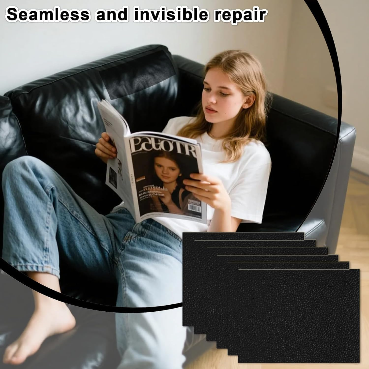 6 Pcs Black Leather Repair Patch, Self-Adhesive PU Leather Repair Patch for Couch, Sofa, Chair, Car Seats, Jackets, Handbags (30 X 20Cm) image number 6