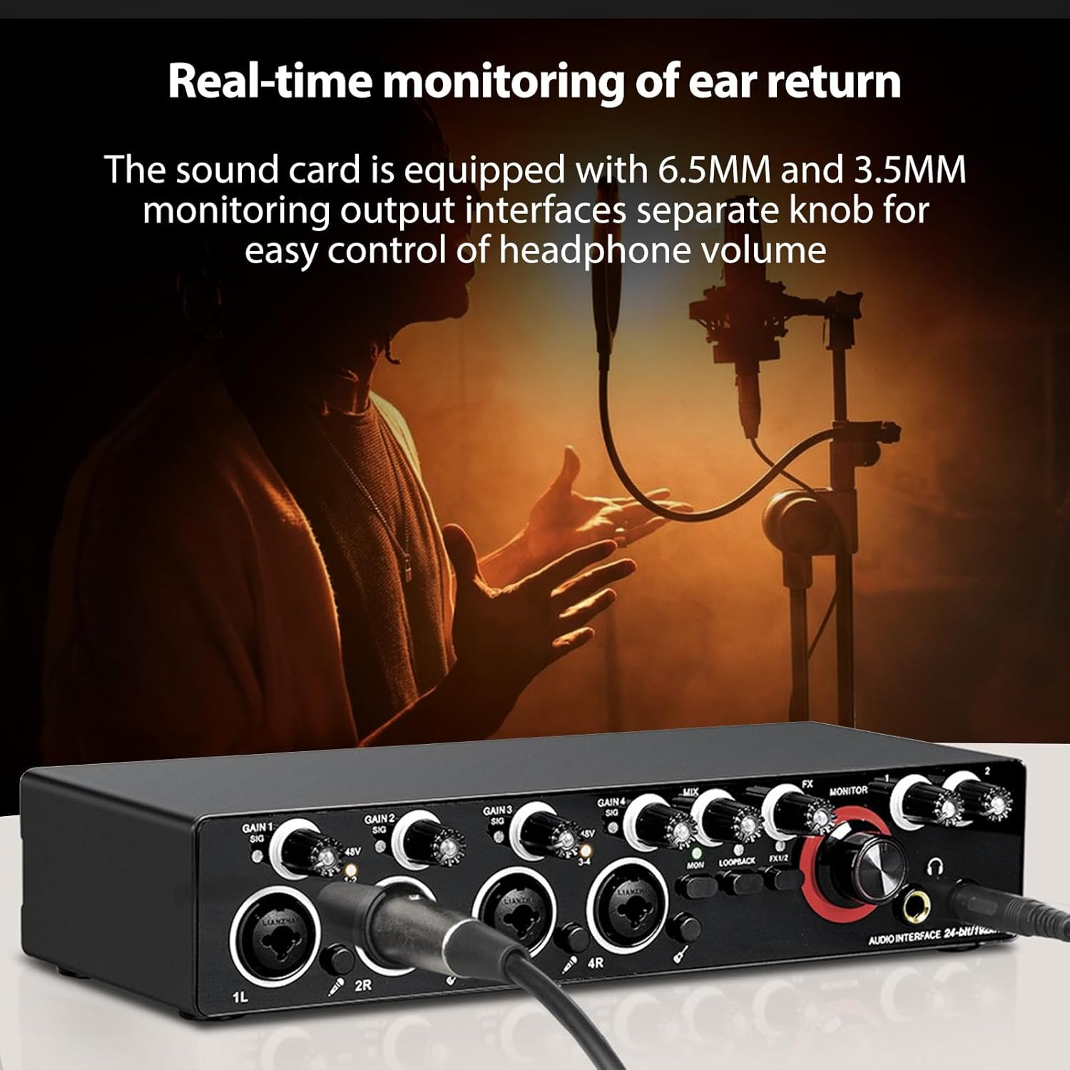 Mingzhe 4 Channels Recording Sound Card with Driver Free Audio Interface, 4-In 4-Out USB Sound Card 24 Bit/192Khz 48V Phantom Power Supply for Professional Recording of Live Streaming Karaoke image number 1