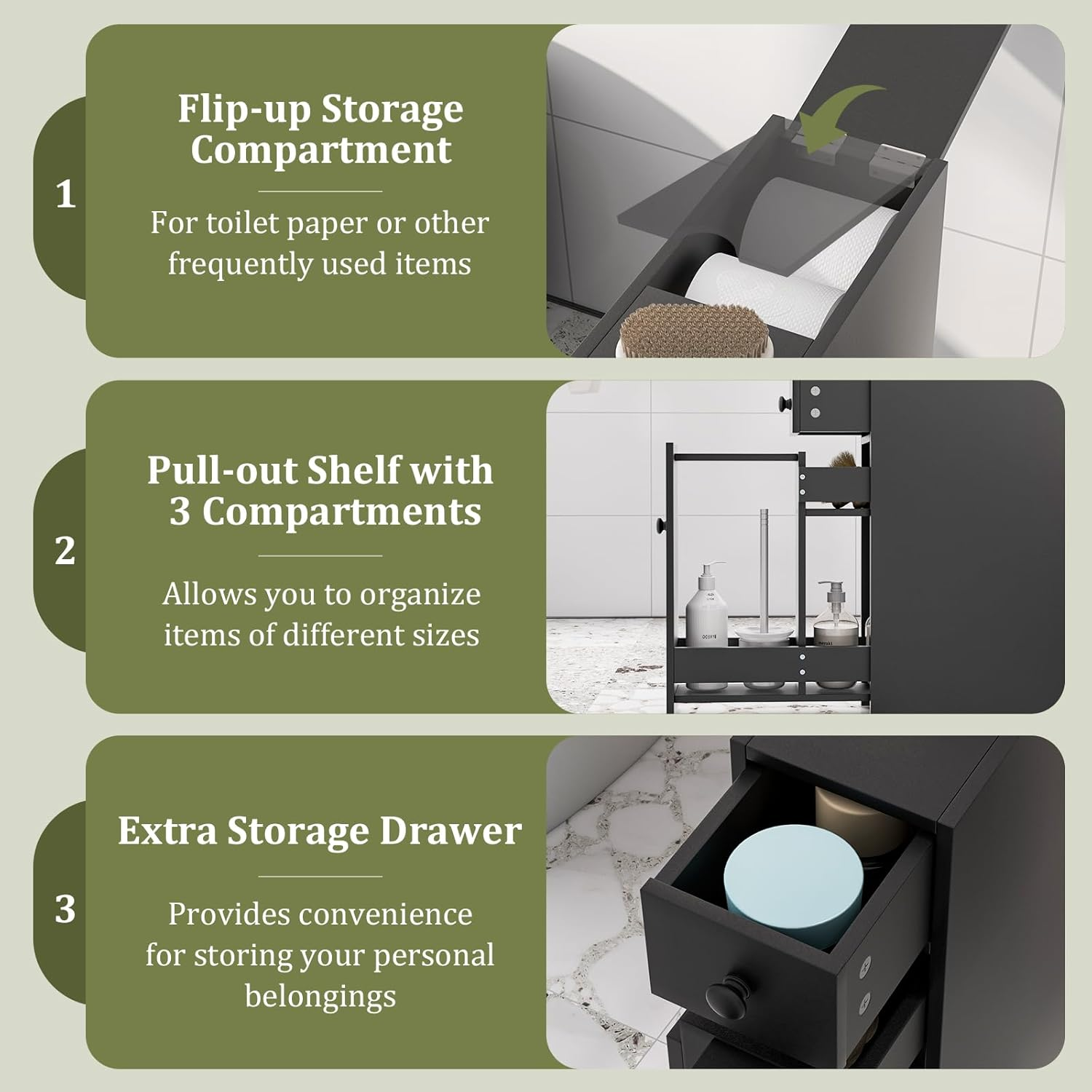 Giantex Slim Bathroom Cabinet, Freestanding Storage Cabinet, Toilet Paper Holder, Side Cabinet Storage Unit W/Pull-Out Drawer & Shelf for Narrow Space Bathroom Living Room Kitchen (Black) image number 6