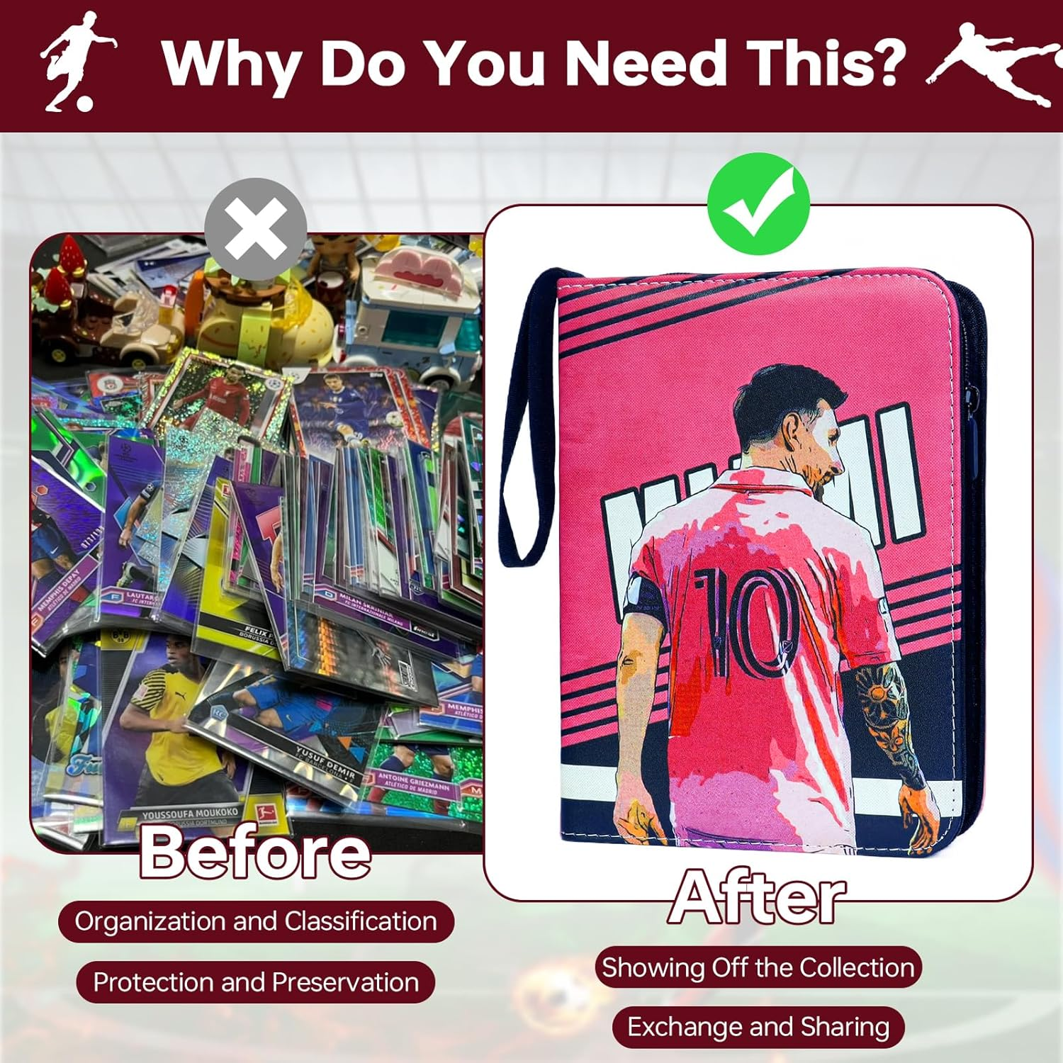 Soccer Card Binder for 400 Cards, 4 Pocket Card Collection Album with 50 Removable Sleeves and Zipper Carrying Handle, Waterproof Sports Trading Card Holder, Portable 3-Ring Soccer Card Folder image number 4