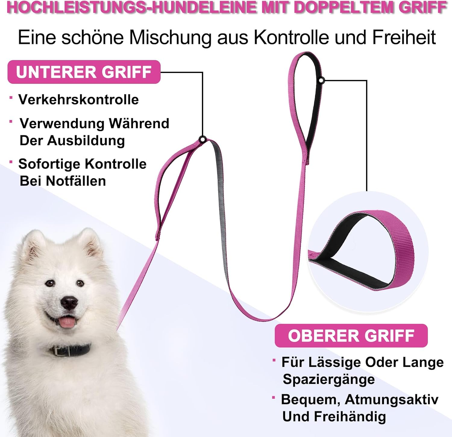 Demigreat Recall Lead for Dogs, 1.5 M / 3 M / 5 M Robust Long Dog Lead Reflective Training Lead with Padded Handle and Hand Strap, Training Lead for Small to Large Dogs image number 3
