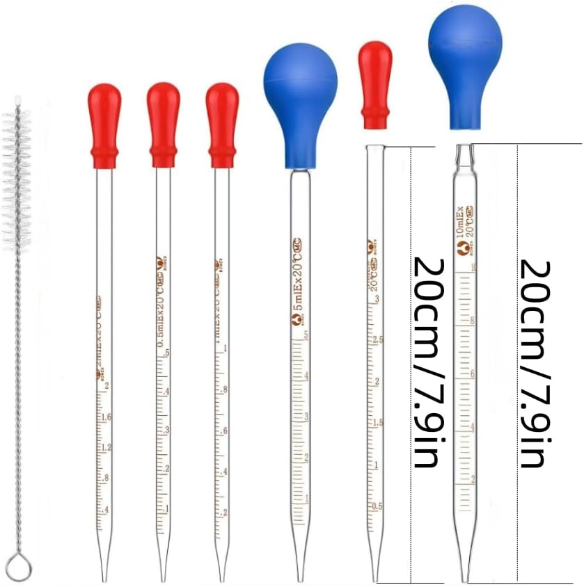 Changyeah 6 Pieces Glass Pipettes Graduated Dropper,0.5Ml /1Ml/ 2Ml/ 3Ml /5Ml /10Ml Glass Pipettes Graduated Dropper,Long Glass Pipette Dropper with 6 Rubber Caps and 1 Pcs Droppers Brush image number 3