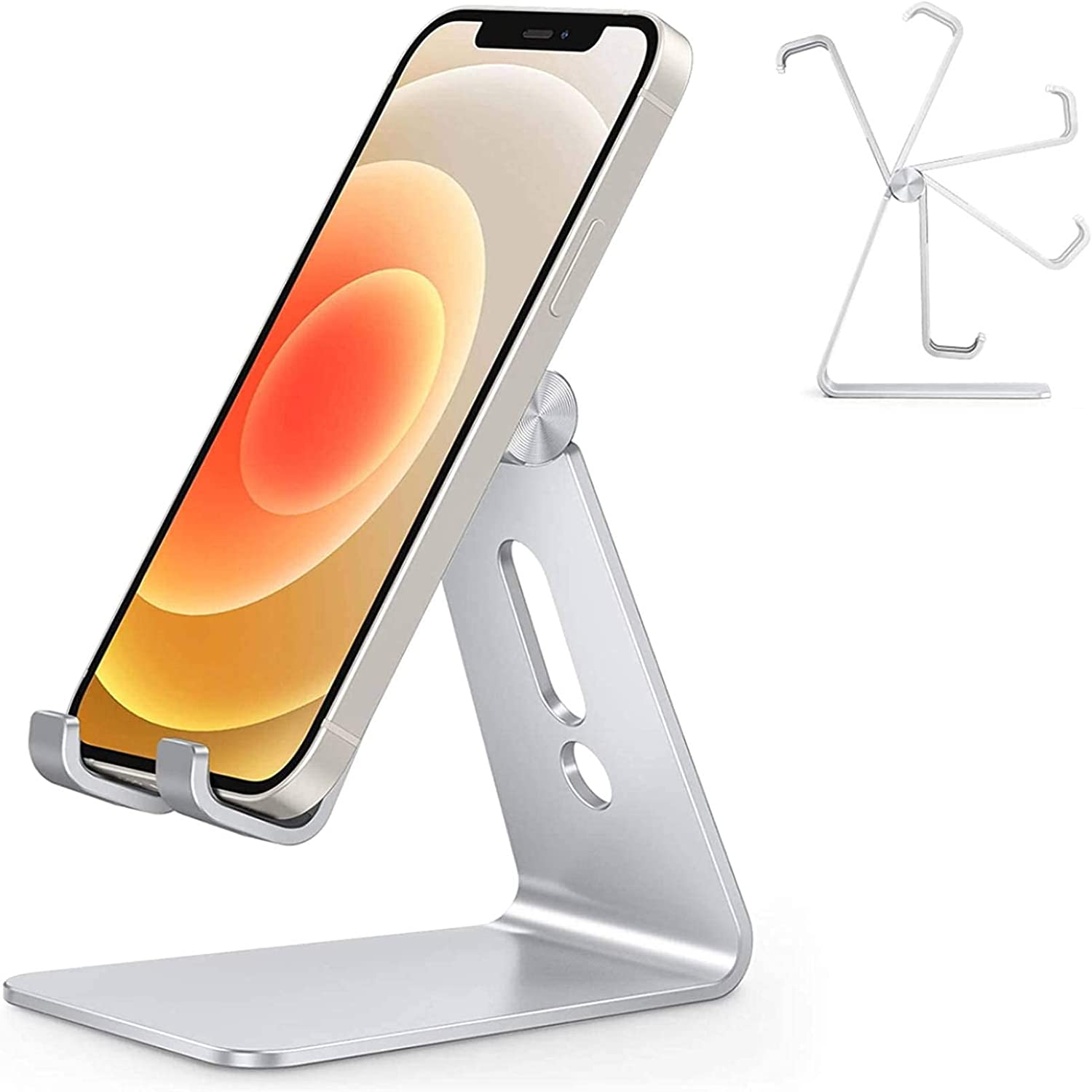 Adjustable Cell Phone Stand, OMOTON Aluminum Desktop Cellphone Stand with Anti-Slip Base and Convenient Charging Port, Fits All Smart Phones (Silver)