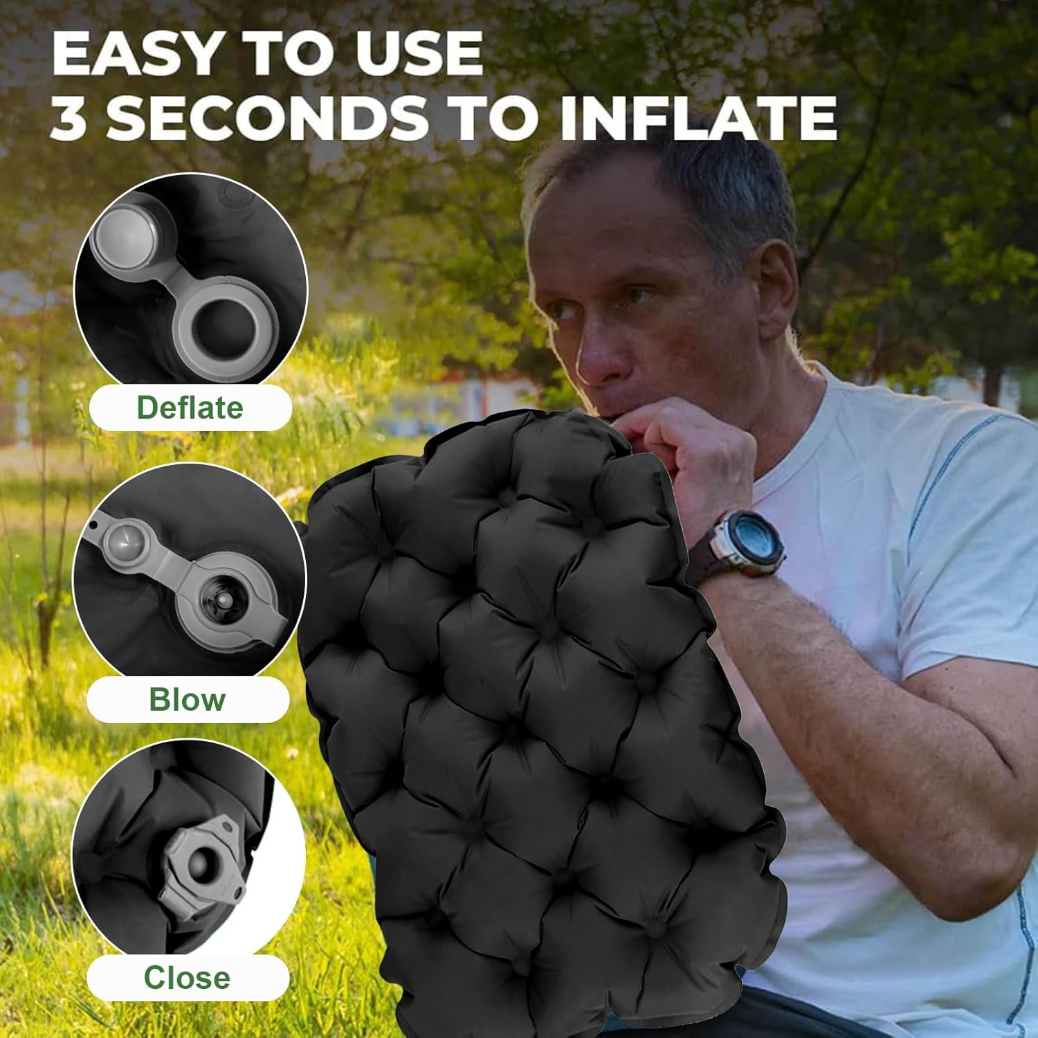 UOEPOWA Inflatable Seat Cushion with Carry Bag, Foldable Travel Cushion for Outdoor, Portable Lightweight Air Sitting Pad for Camping/Office/Wheelchair, Waterproof Stadium Bleacher Mat (Black) - Green image number 2