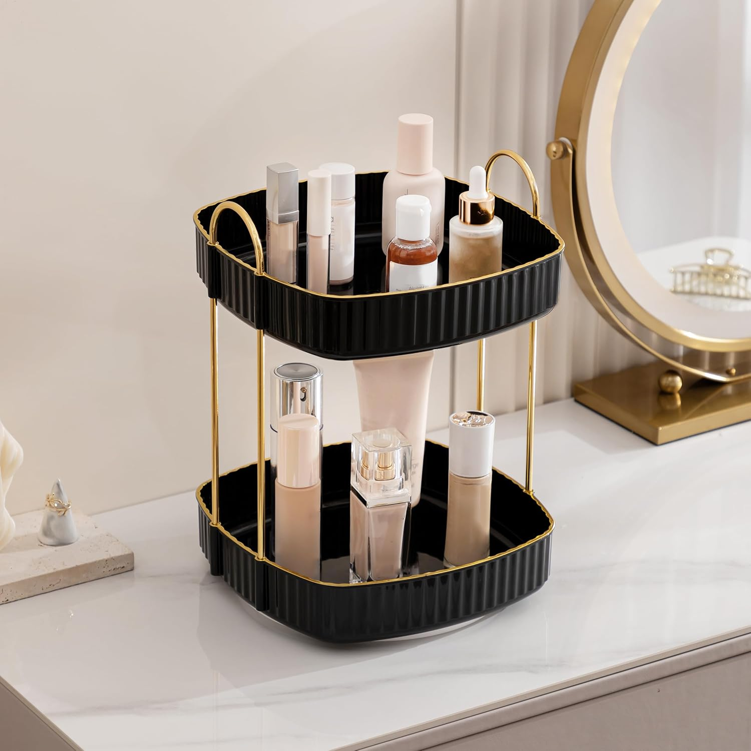 Makeup Organiser Rotating, Square 2 Tier Cosmetic Perfume Beauty Skincare Organiser Stand,Large Capacity 360 Spinning Organiser Storage for Vanity Bathroom Desk Countertop,Black image number 1