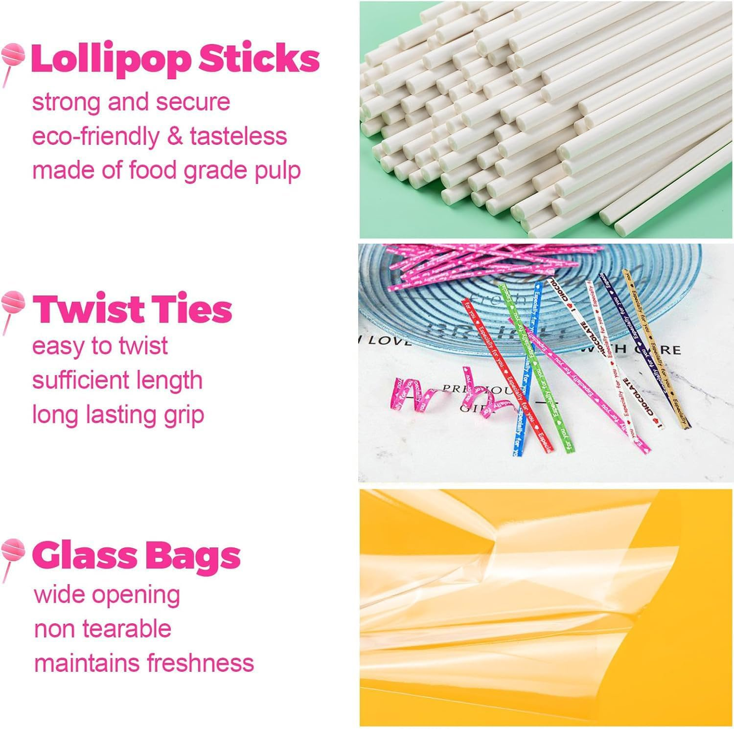 Wzenclave 300 Pcs Cake Pop Sticks and Wrappers Kit, 6-Inch Paper Lollipop Sticks, Clear Candy Treat Bags Parcel, Color Twist Ties for Cakepop, Lollipop, Hard Candy, Suckers and Chocolate(8 * 12Cm) image number 4
