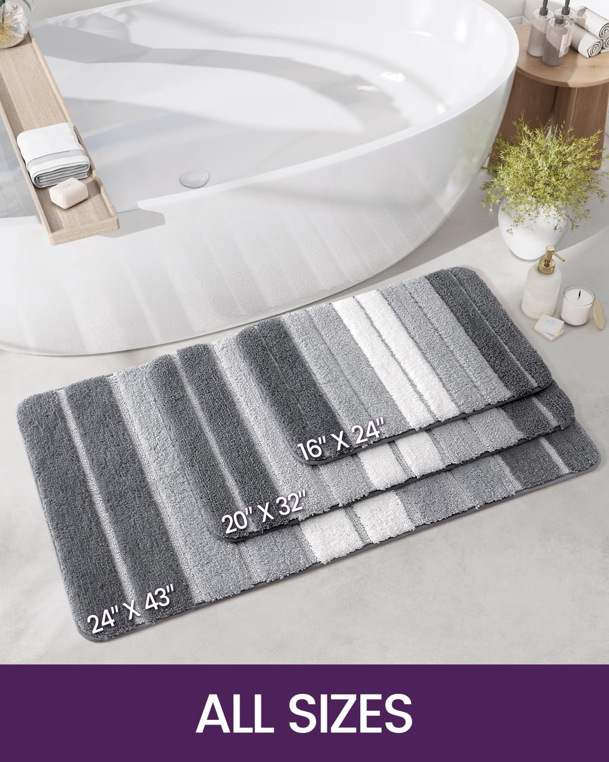 DEXI Bath Mat Bathroom Rug Absorbent Non-Slip Washable Shower Floor Mats Carpet 16"X24", Grey image number 2