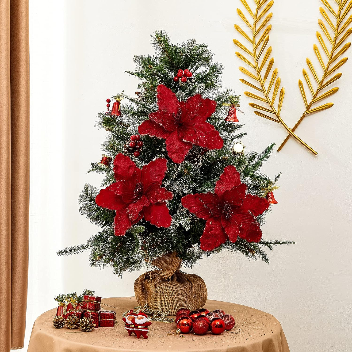 10 Pcs Large Poinsettias Christmas Tree Flower Glitter Silk Flower Picks Ornaments for Wreath Garland Wedding Decoration (Dark Red) - Brown image number 7