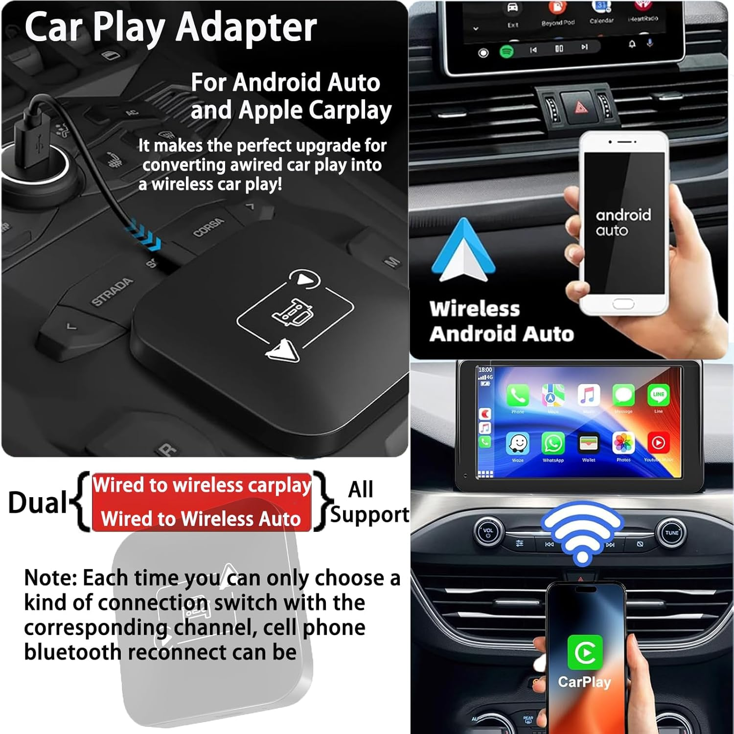 2 in 1 Android Auto Wireless Adapter, [Convert Wired to Wireless] Wireless Apple Carplay Adapter Wireless Android Auto Car Adapter, Plug&Play Carplay Box Carplay Dongle Mini Wireless Car Play Adapter image number 3
