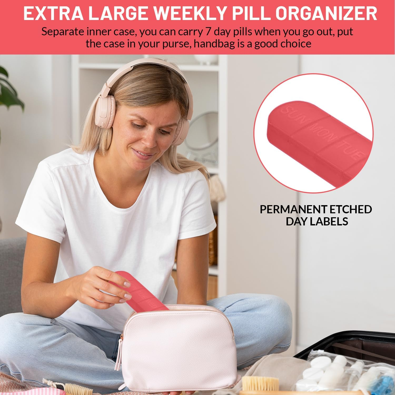 New Weekly Pill Organizer 7 Compartments PP Plastic Storage Box Custom Logo Color Portable Pill Case 7 Days Pill Box (Red) image number 3