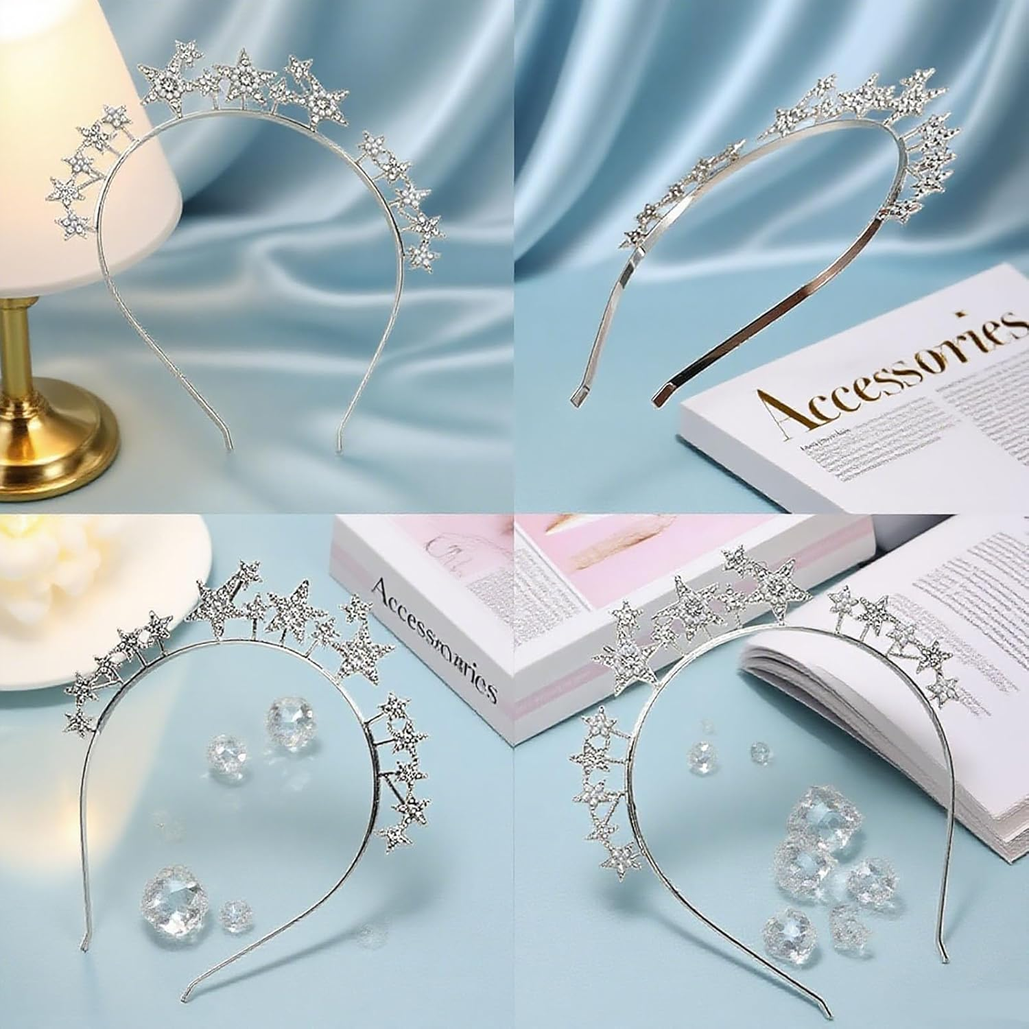 Silver Stars Headband, Stars Headband with Face Tattoo, Star Headpiece for Women and Girls, Glitter Hair Band, Temporary Tattoos Stickers, Glitter Hair Accessories for Carnival Party Halloween