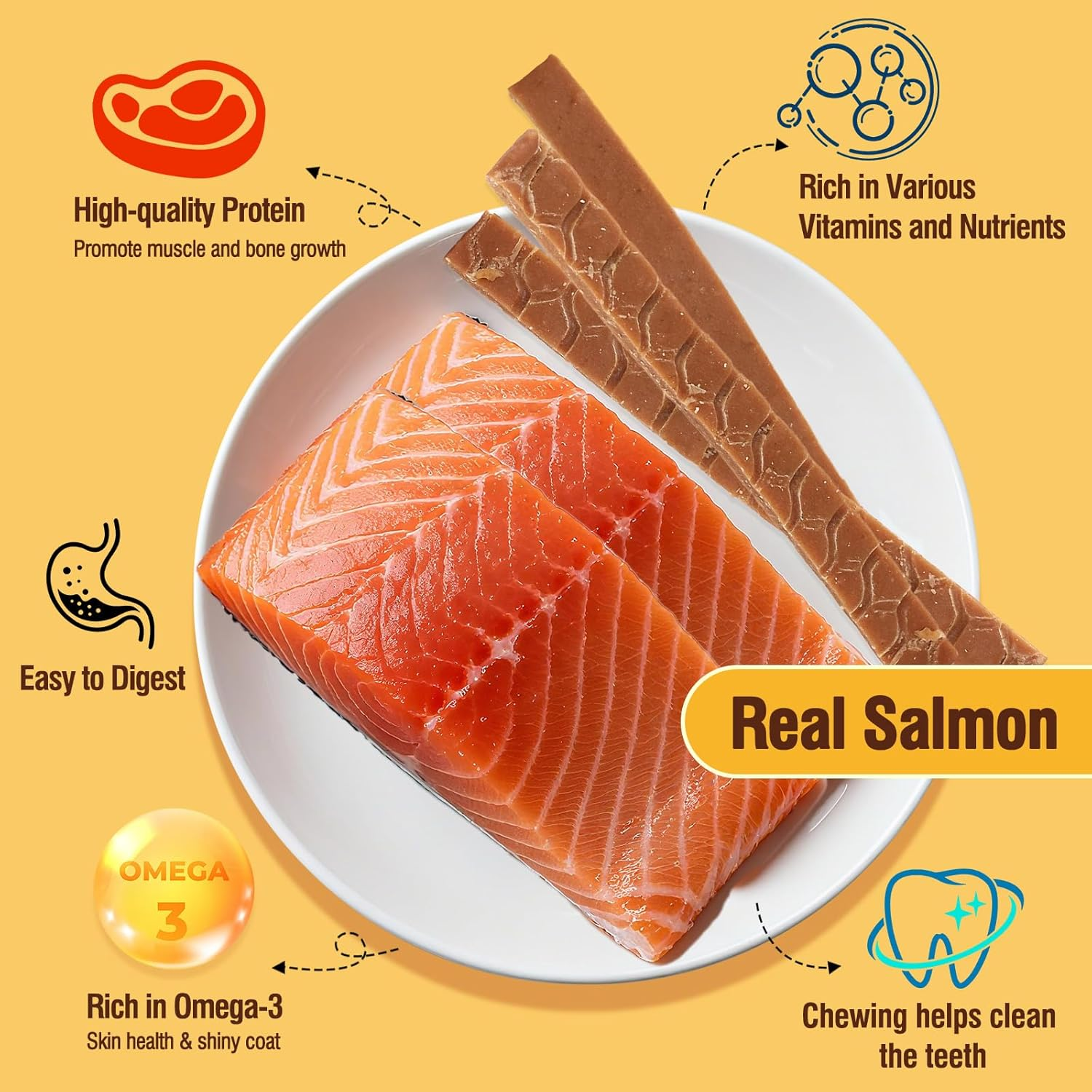Salmon Sticks Cat & Dog Treats, Real Salmon Tender Strips, High Protein Low Fat Healthy Ingredient Chew Training Snacks image number 3