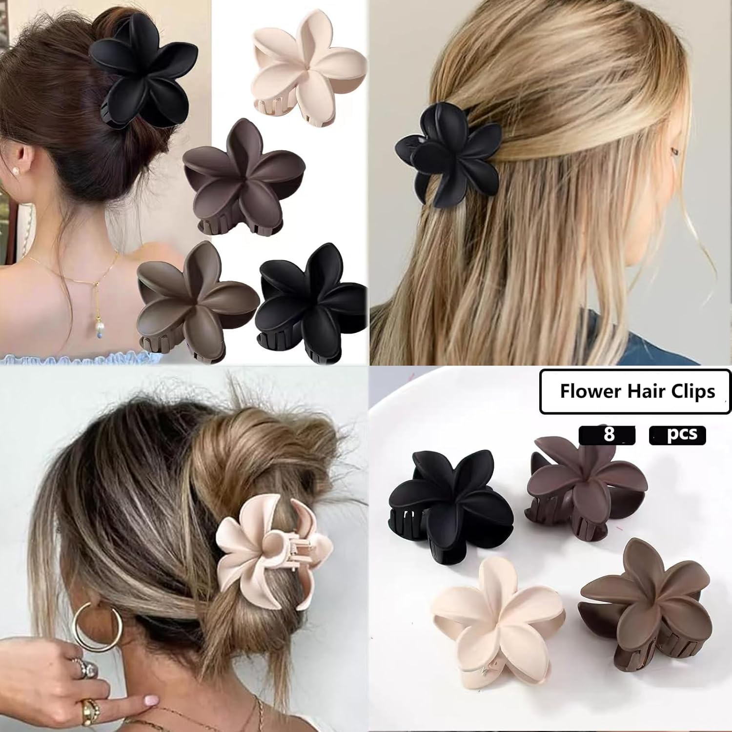 8 Pcs Large Hawaiian Hair Claw Clips Floral Hair Claw Clips Wide Flower Design for Women (Black, Brown, Beige)