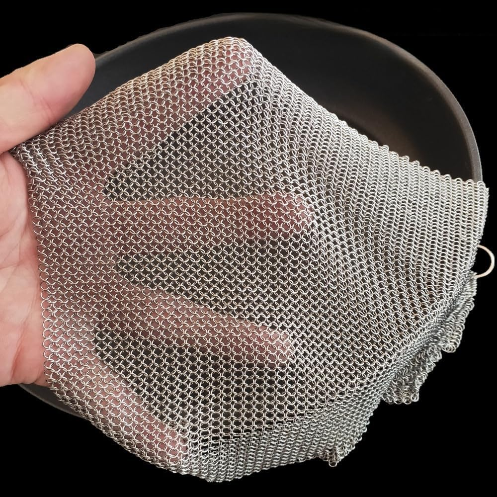 Cast Iron Scrubber, 316L Stainless Steel Fine Mesh Scraper, Upgraded 3.8Mm Chainmail Scrubber, for Pre-Seasoned Pot Dutch Oven Waffle Maker Cast Iron Skillet Pan Glass Container (6''X6'') image number 3