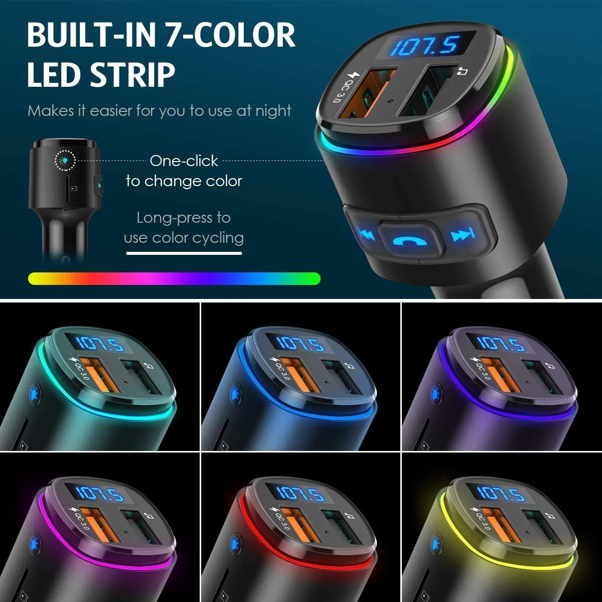 Bluetooth FM Transmitter for Car, QC3.0 Charging, Dual USB Ports, 7 Color RGB LED Backlit Bluetooth Car Adapter, Support Siri Google Assitant, U Disk, SD Card, Hands-Free Car Kit image number 6