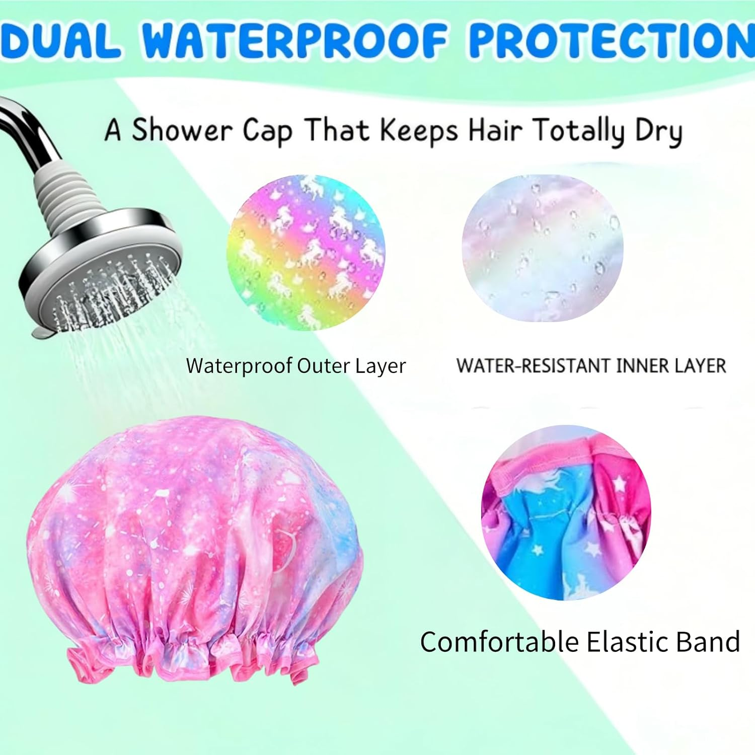 AUDWUD 3 Pcs Childrens Shower Cap，Reusable Waterproof Adjustable ，Cute Rainbow Star Long Hair Head Cap， for Taking Shower，Tie Dye, Hair Cover Hat,Dust-Proof and Oil-Proof，Bright and Vivid Colors image number 3