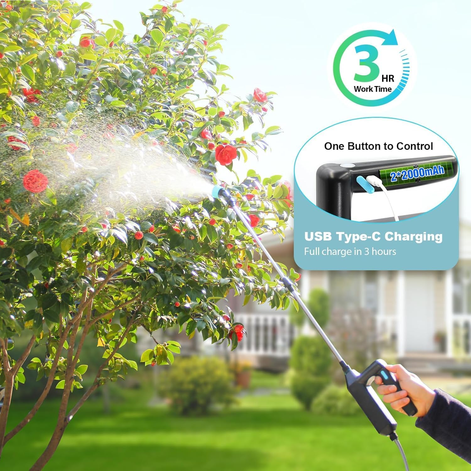 JINDUN Battery Powered Sprayer 8L, Upgrade Powerful Electric Sprayer with 3 Mist Nozzles&Rechargeable Handle, Retractable Wand, Garden Sprayer with Adjustable Shoulder Strap for Lawn,Garden,Cleaning image number 1