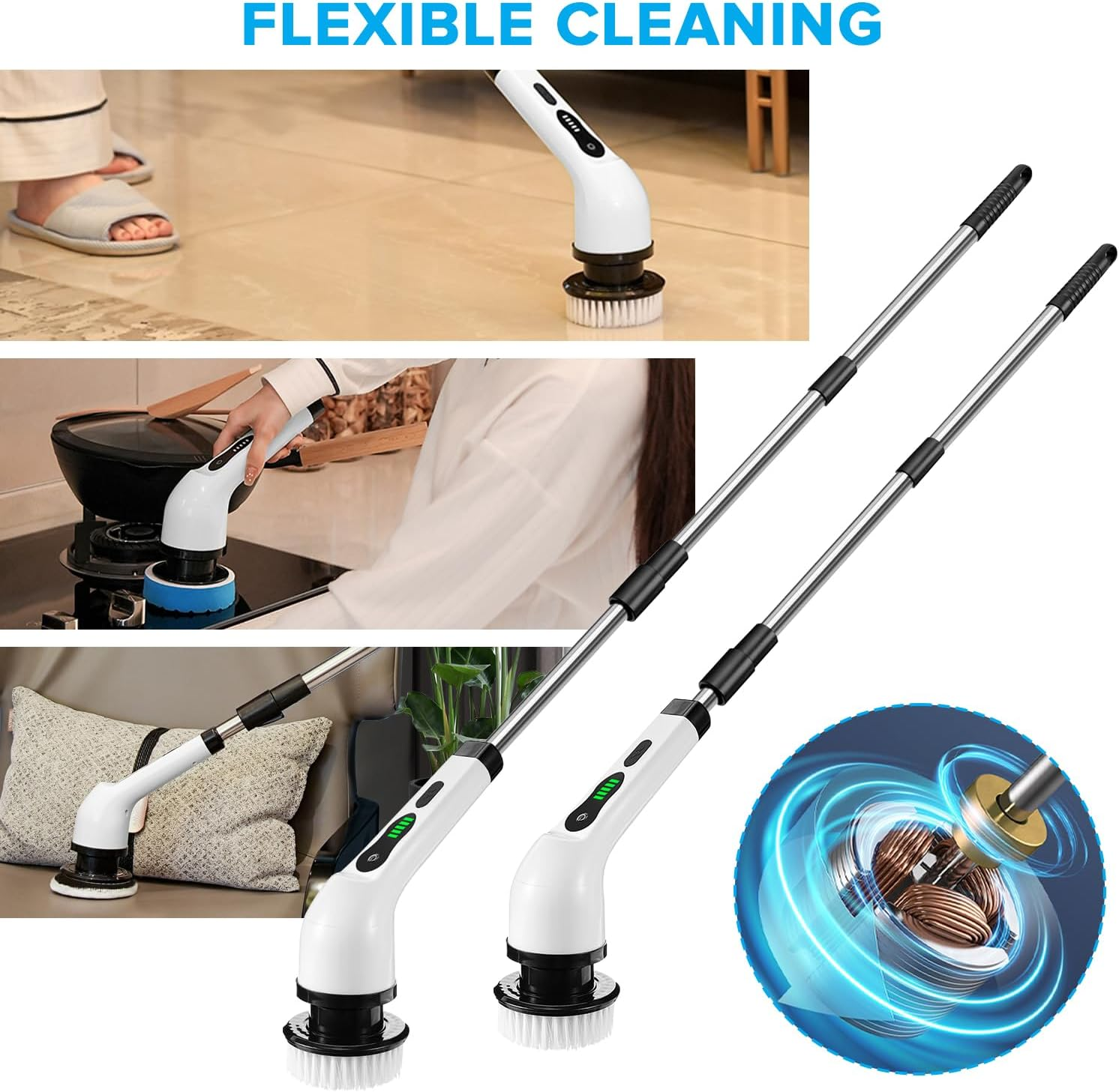 Necomi Electric Rotary Scrubber,Adjustable Handle Long Handle Electric Cleaning Brush with 9 Replaceable Brush Heads,2 Adjustable Speeds,Rechargeable,Suitable for Bathroom, Kitchen, Tile,Car Cleaning image number 5