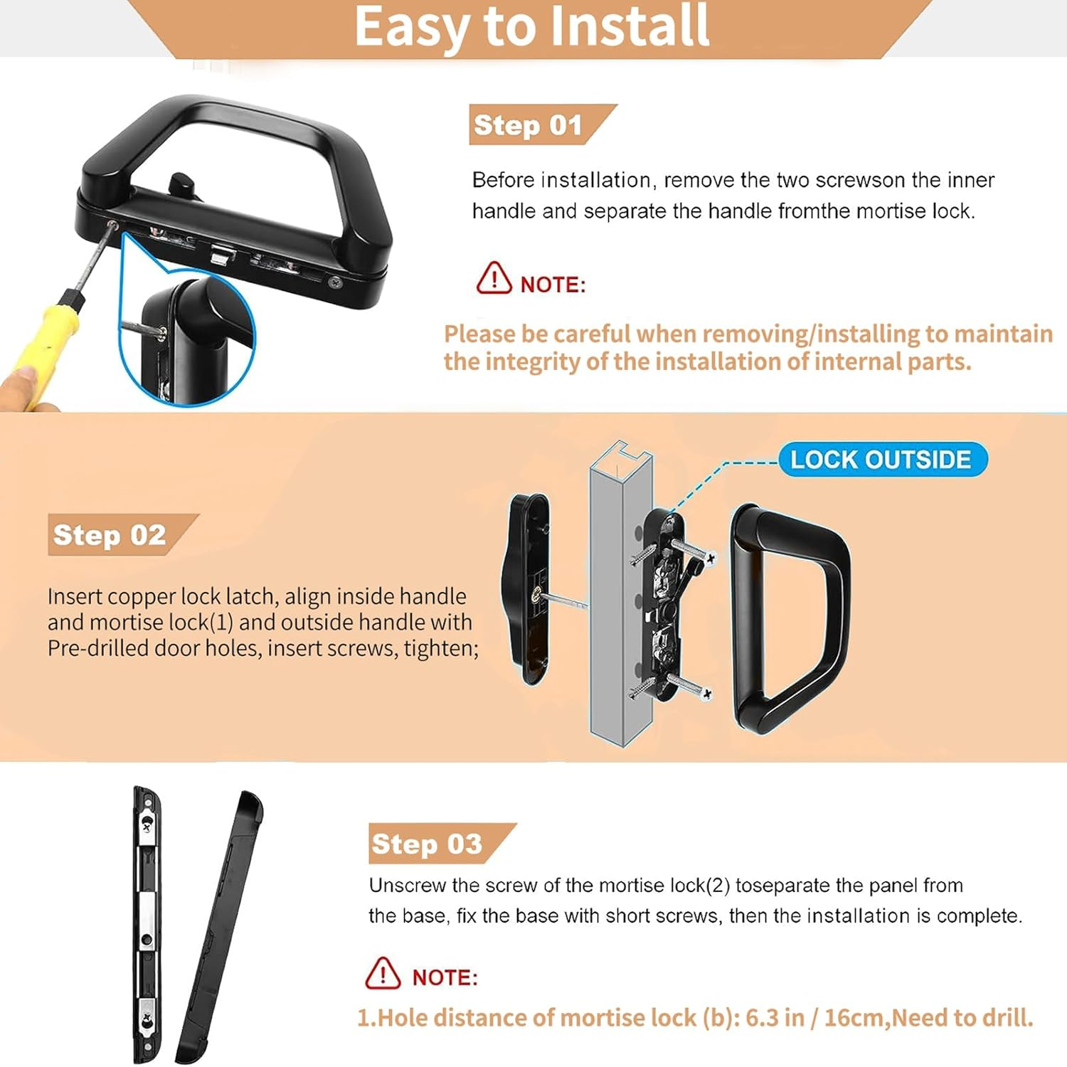 WYJREES Sliding Patio Door Handle Set with Mortise Lock, Suitable for Sliding Glass Patio Door Thickness from 1.5In to 2In, 4-15/16" Screw Holes, Need to Drill, Reversible Design, Keyed, Black image number 2