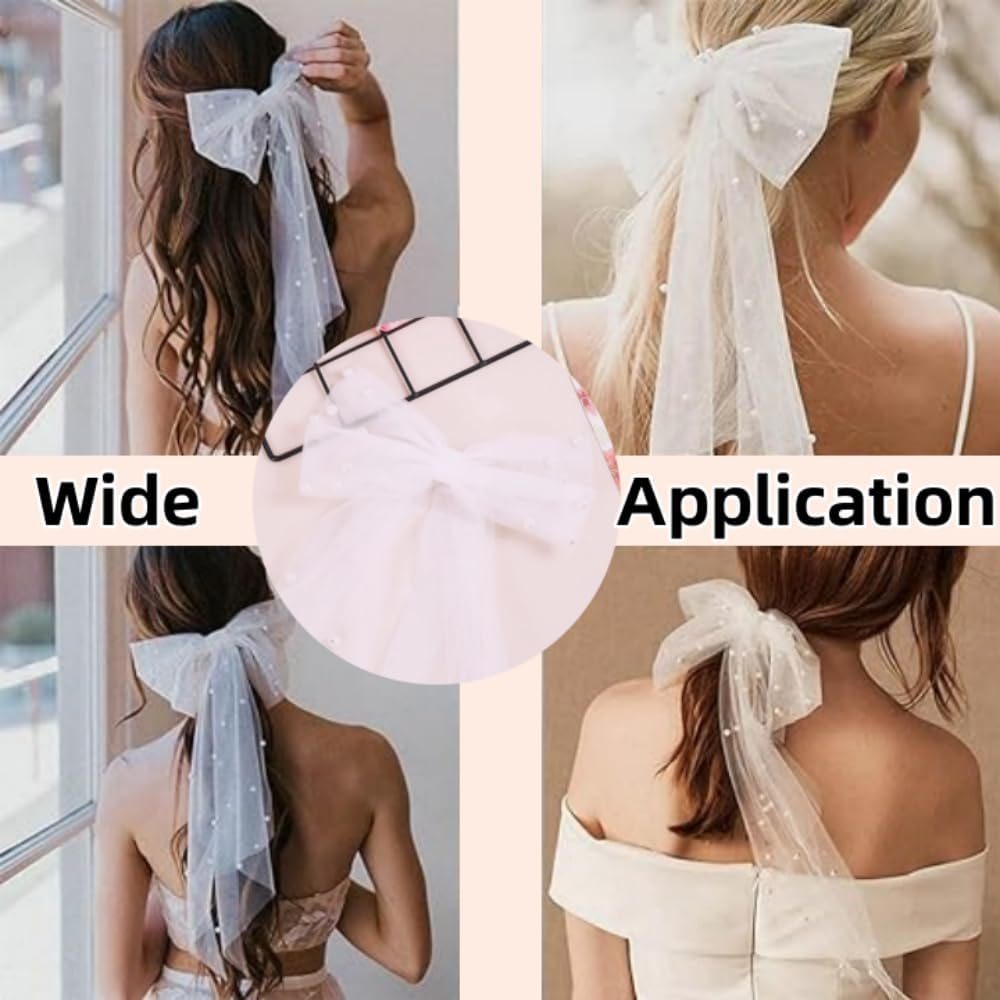 2Pcs Bridal Pearl Bow Veil, Large Hair Bow with Barrette Hair Clip,Wedding Short White Veil Barrette, Bride Accessories,Bridesmaid for Girls Women Wedding Party,Bachelorette Party,Decorations image number 6