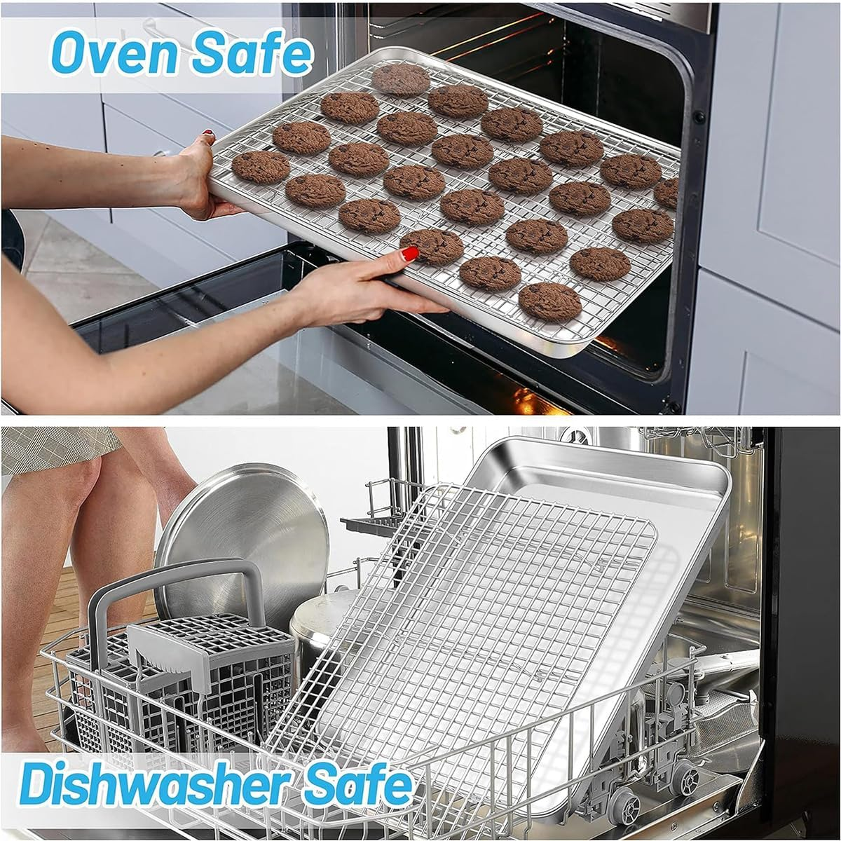 Kitment Baking Trays for Oven, Baking Sheet Cooling Rack with Silicone Mat Set, Stainless Steel Cookie Pan with Oil Brush, Non-Toxic Rectangle Toaster Oven Tray (2 Sheets + 2 Racks + 1 Mat + 1 Brush) image number 5