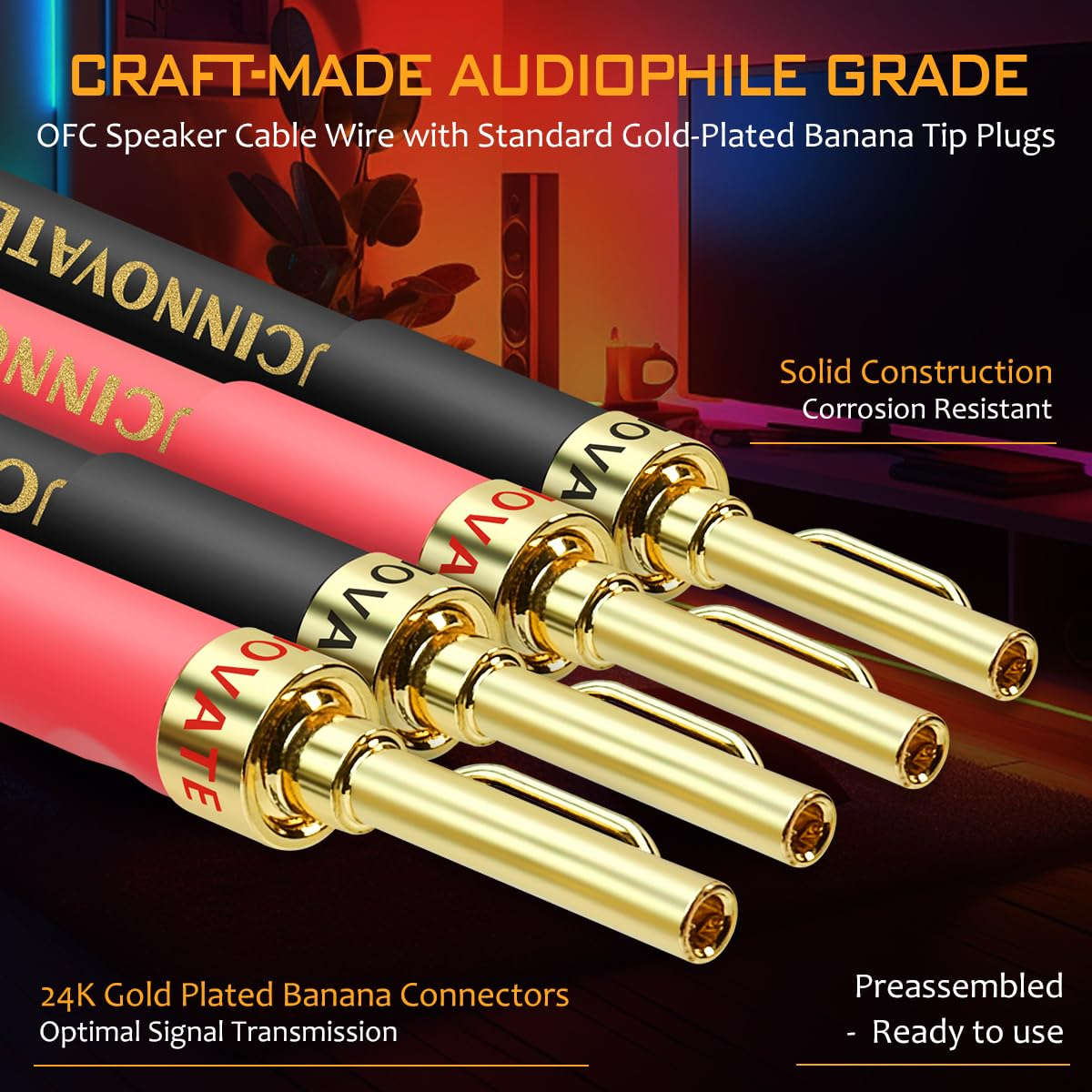 2 Pack 14 AWG OFC Speaker Cable with Pin Banana Plugs, Craft-Made Hifi 1.5M/4.9Ft White Square Speaker Wire with Gold-Plated Banana Plugs, Speaker Cable for Hi-Fi & Home Audio System, Amp, Subwoofer image number 3